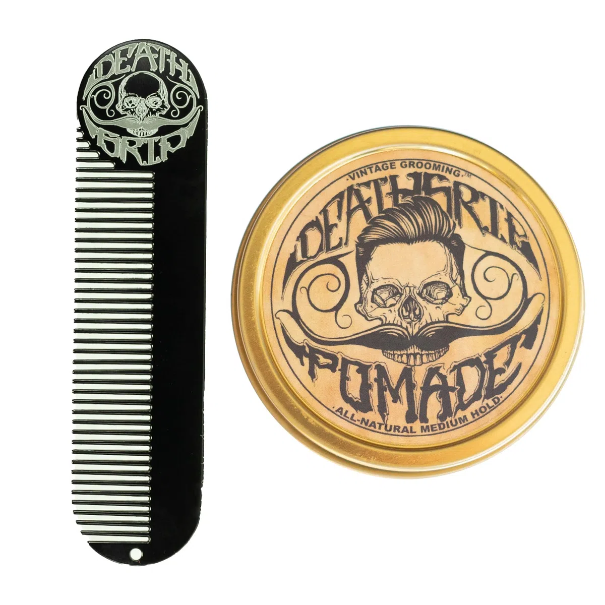 THE VINTAGE GROOMING CO. Death Grip - Pomata per capelli da uomo e pettine tascabile grande in metallo, pomata per capelli da 56,7 g e pettine in metallo da 12,7 x 3,2 cm