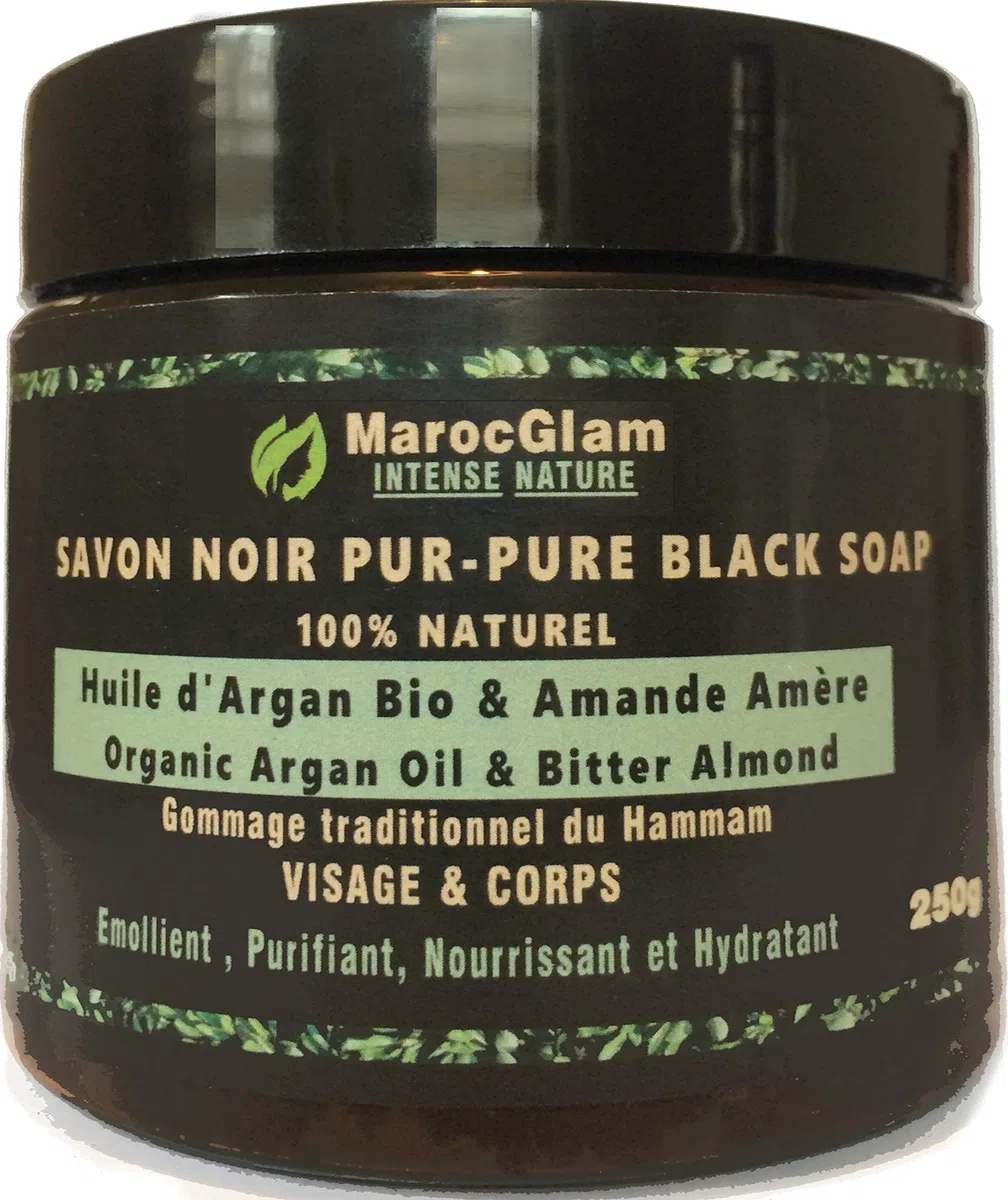 Sapone nero marocchino 250 g, con olio di argan biologico ed estratti di mandorle amare, 100% naturale, esfoliazione tradizionale antirughe con sapone nero naturale per pelli sublimi, MAROC GLAM