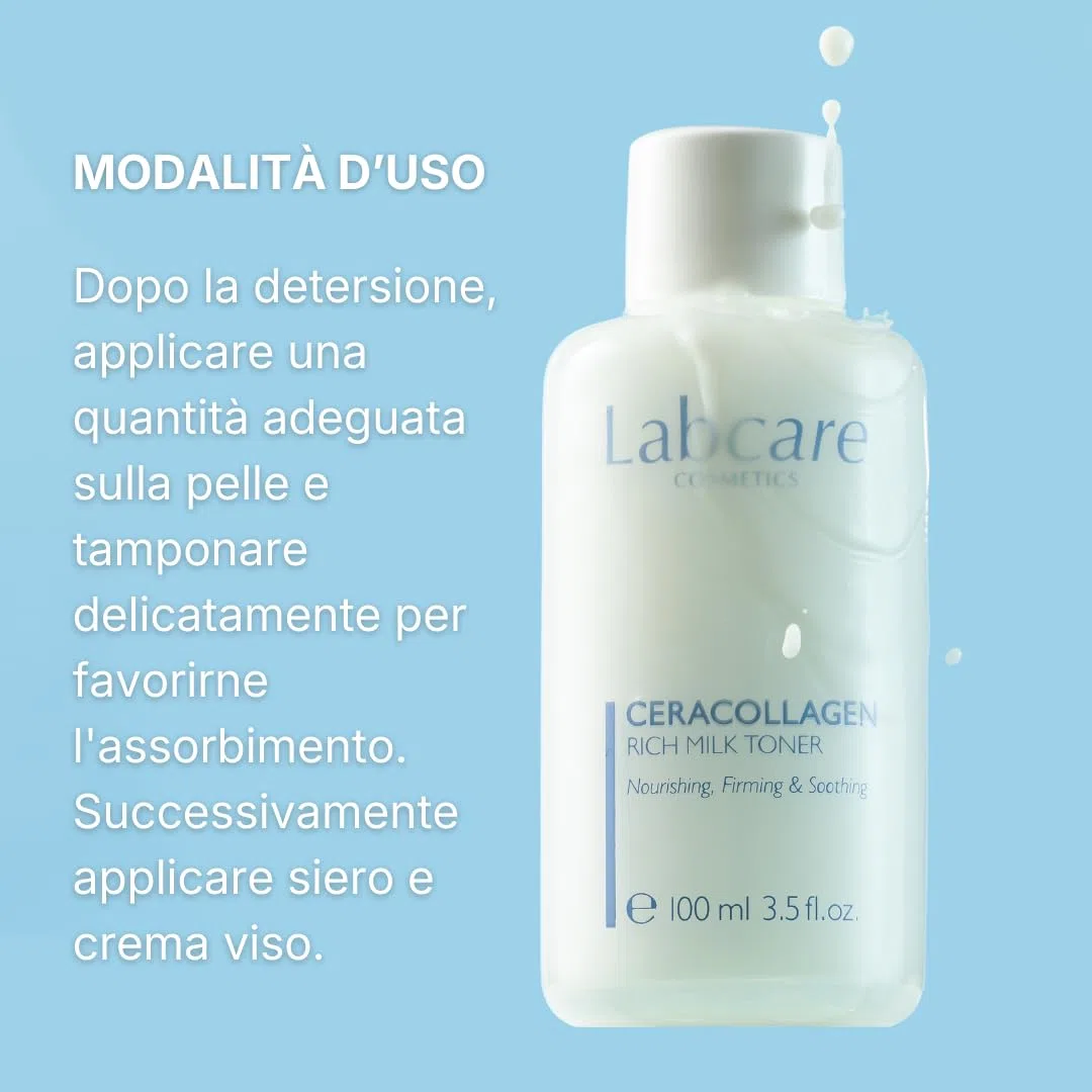 Labcare Ceracollagen Milk Toner - 3 Prodotti in 1: Tonico, Essence e Idratante Liquido Anti-Age con Peptidi Biomimetici e Ceramidi - 100ml