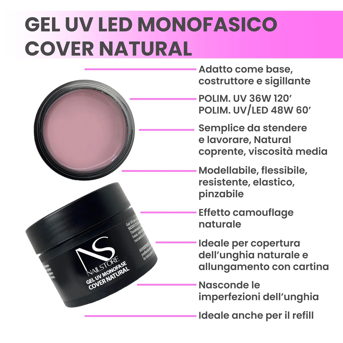NAILSTORE - Gel UV Led Costruttore Monofasico Cover Natural - media densità - autolivellante - camouflage - facile lavorabilità – adatto per Refill e allungamento con cartina (30 g)