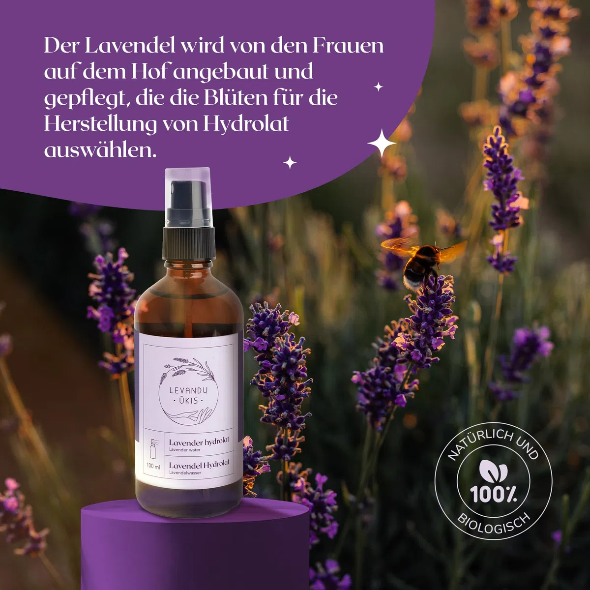 Idrolato Lavanda 100% Naturale per Viso e Bambini, Tonico Lenitivo Spray Biologico per Pelle Sensibile, Acqua Floreale Distillata 100ml - Levandu Ukis