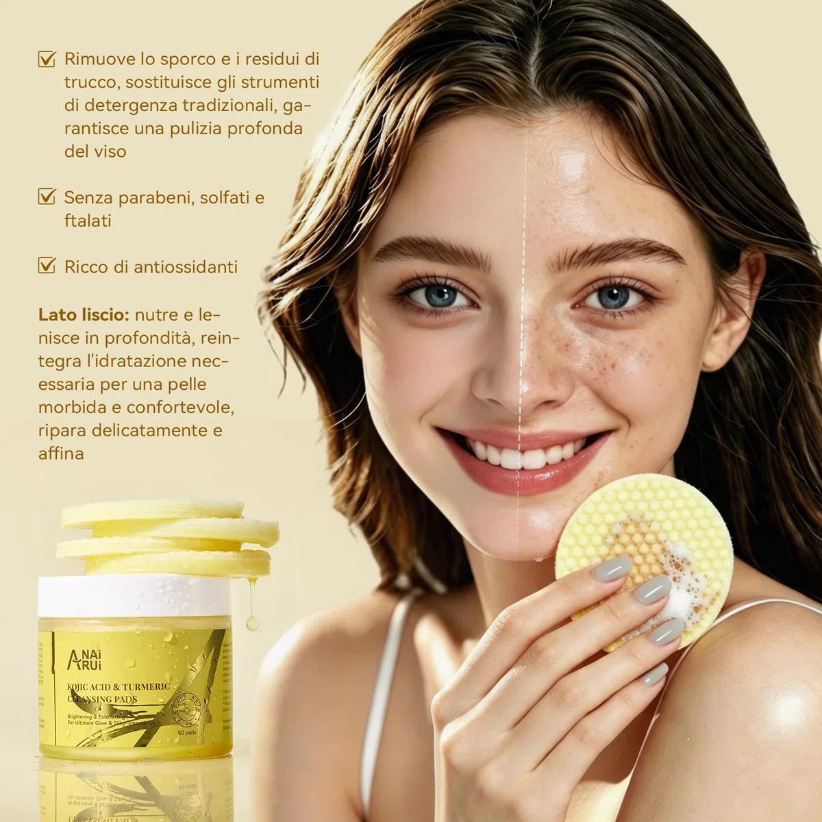 ANAiRUi Pads Detergenti al Curcuma e Acido Kojico per il Viso, Esfolianti al Curcuma con Niacinamide, Salicilato, Cura della Pelle per una Pulizia Profonda, Combatte l'Acne, 50 Pezzi