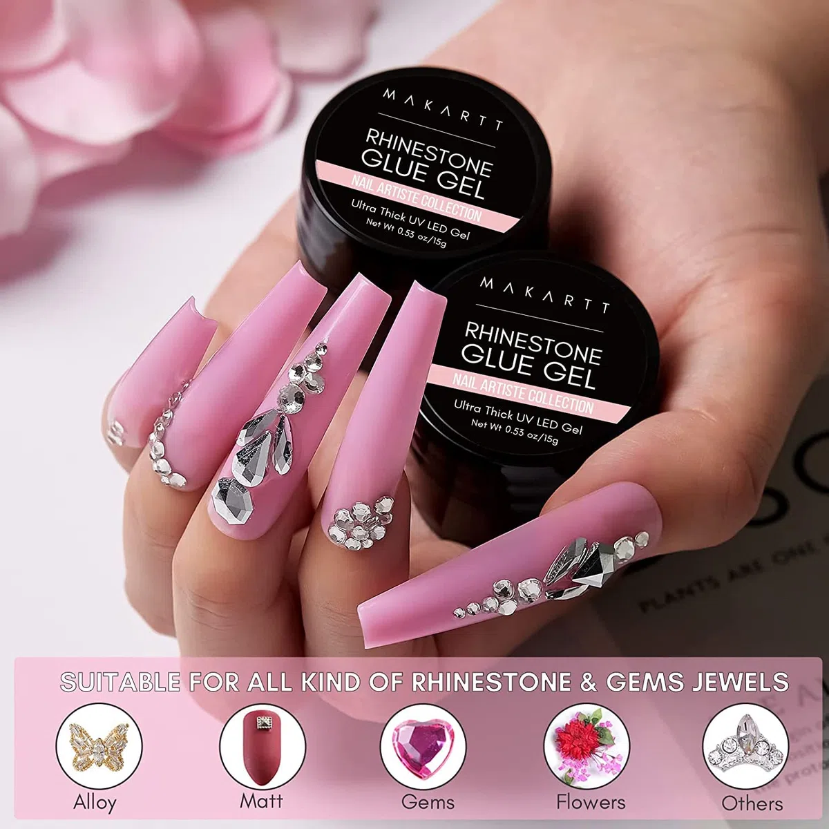 Makartt Colla per Unghie, 15g Gel per Colla Strass per Gemme con Pennello, UV per Unghie in Gel Colla per Strass Pietre di Cristallo Gioielli