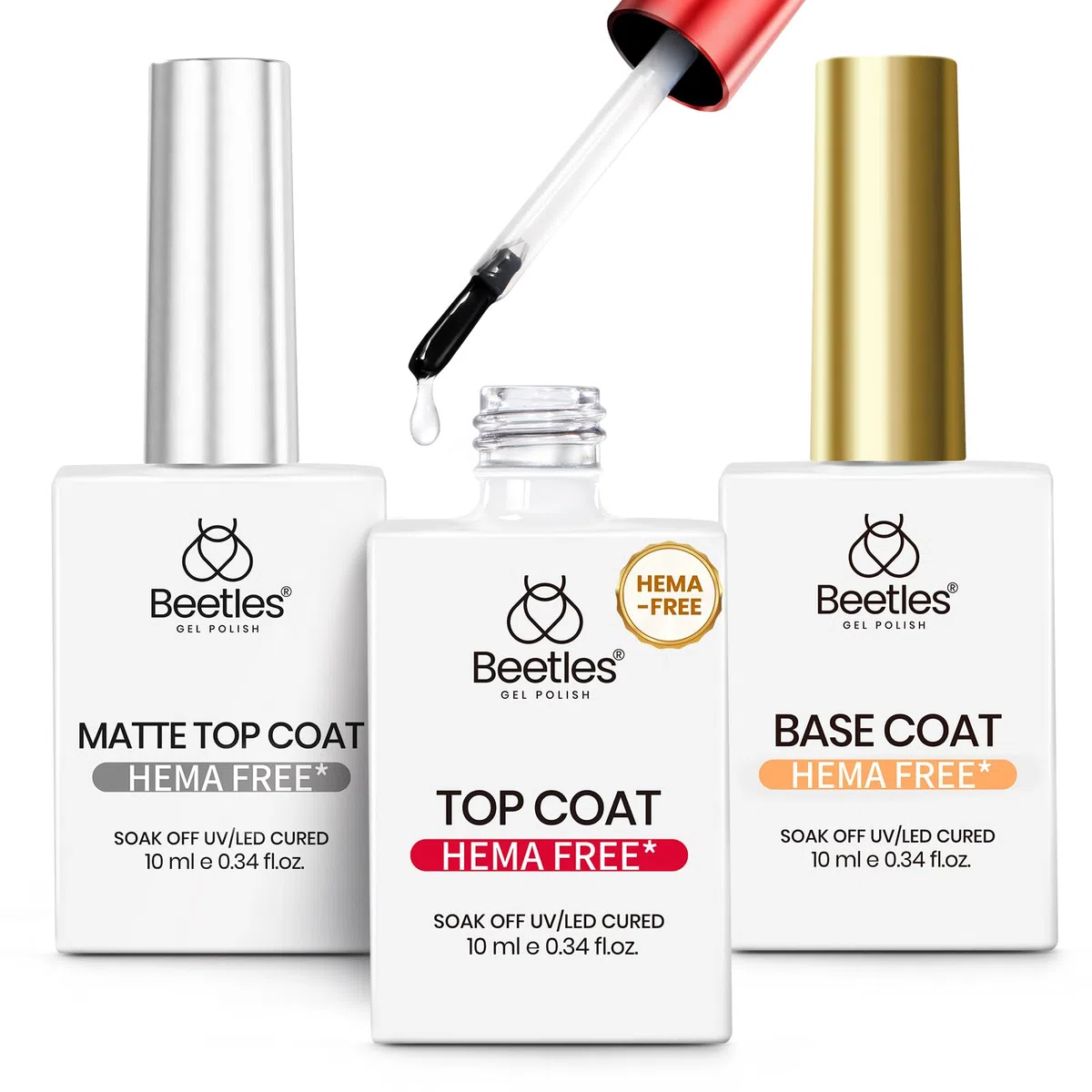 Beetles Hema - Set top coat e base coat con top coat opaco, 3 pezzi per smalto gel Soak-Off, LED UV, finitura lucida e opaca di lunga durata