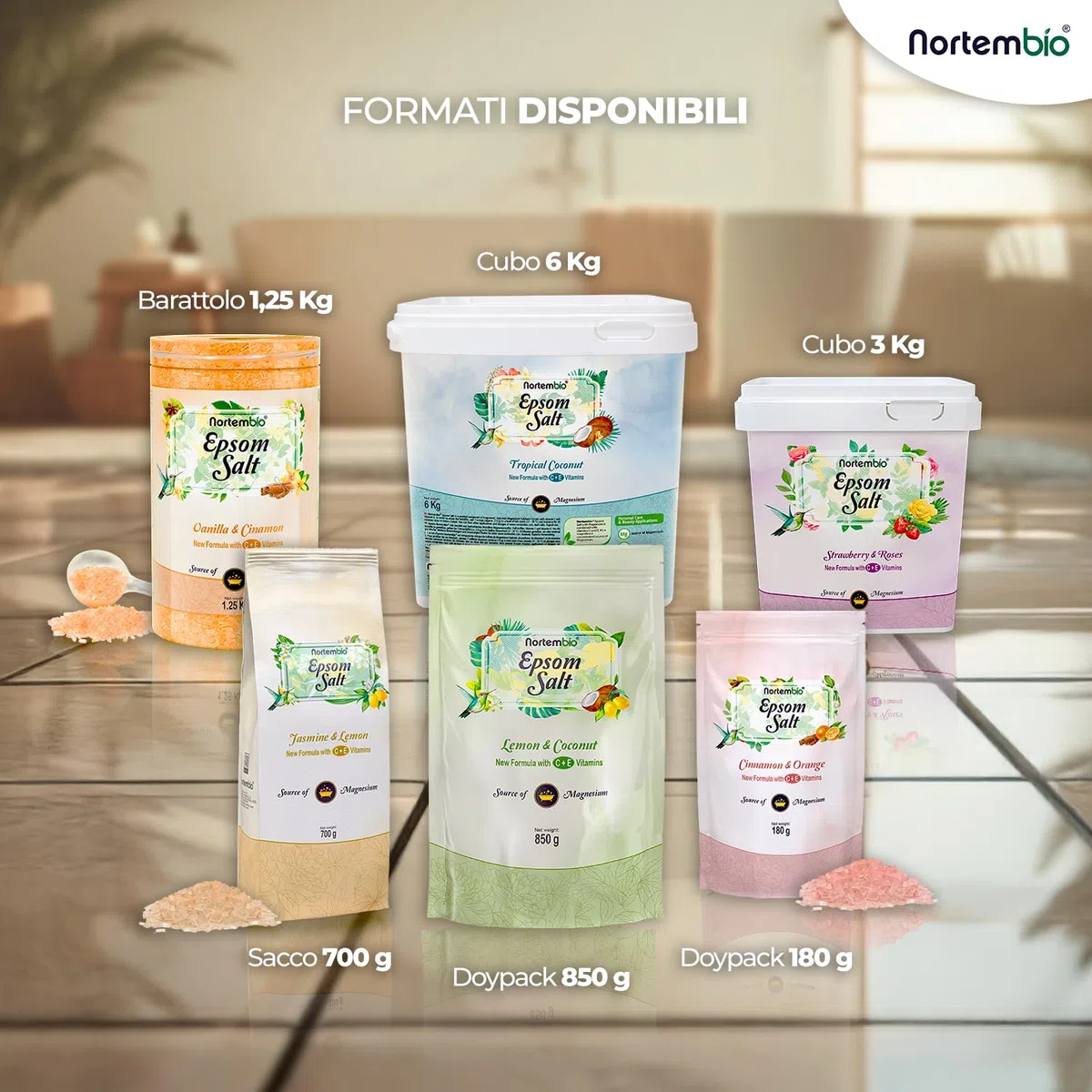 Nortembio Sali di Epsom 100% Fragranza Limone e Cocco 1,25 kg – Fonte Naturale di Magnesio | Con Vitamina C ed E Idratante | Per Bagni Rilassanti, Spa e Cura della Pelle + E-Book Gratuito