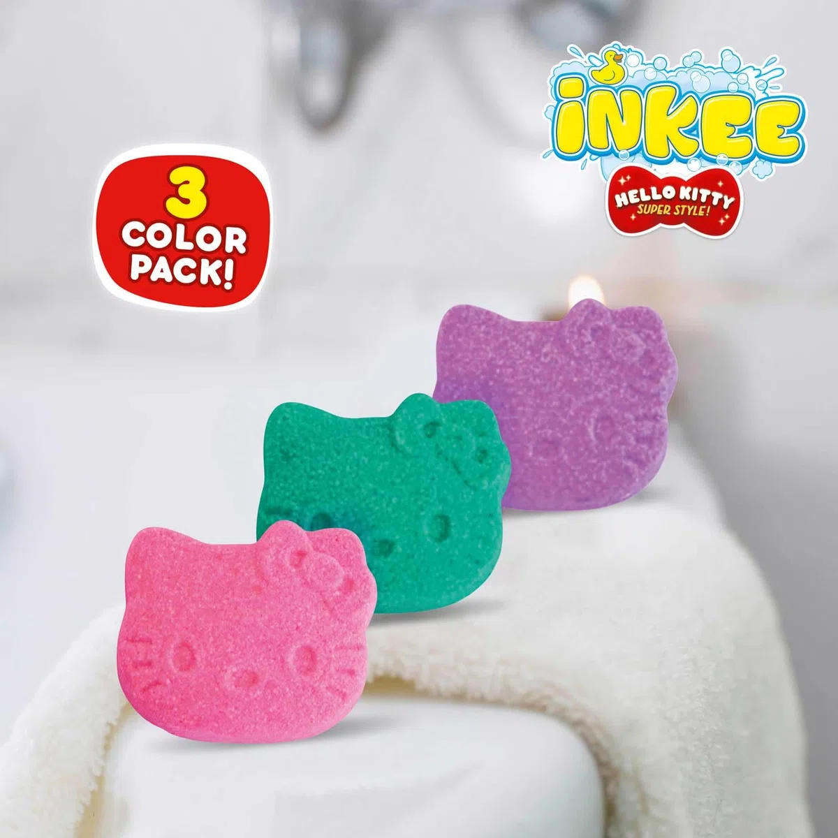 INKEE Mini Pack Hello Kitty, Display da 10 Set di 3 Bombe da Bagno per Bambini con le Forme dei Personaggi di Hello Kitty e Aroma di Zucchero Filato