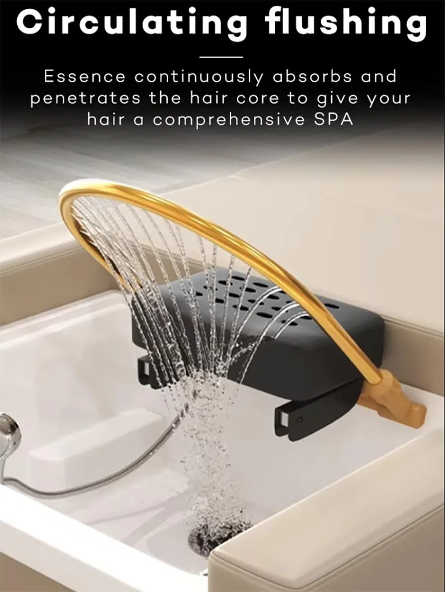 Lettino da shampoo multifunzionale con circolazione d'acqua per salone, trattamento capelli tailandese, fumigazione e colorazione grigia.