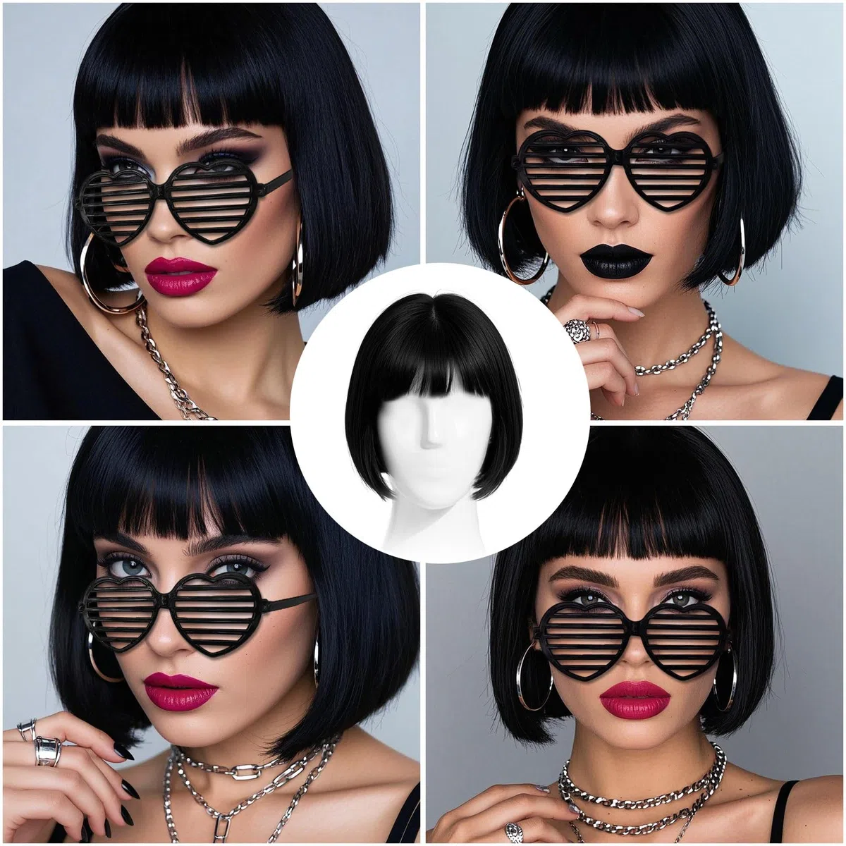 4 Pezzi Nero Parrucca Caschetto Black Bob con Bangs parrucca nera corta Capelli Della Signora Di Modo Festa Parrucche Parrucca sintetica resistente al calore Daily Party(Nero)