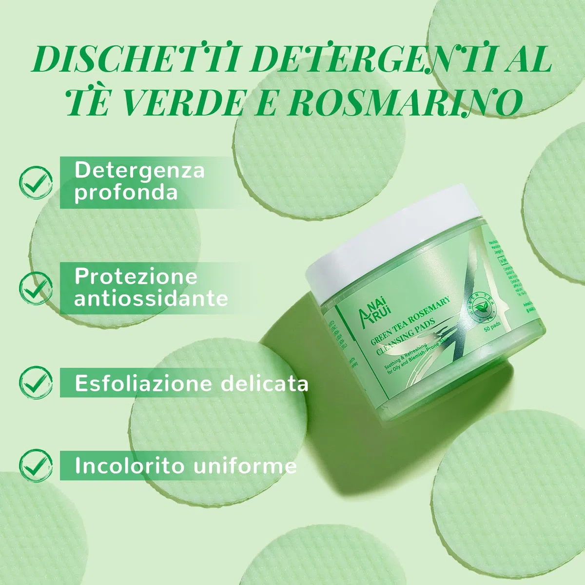 ANAiRUi Dischetti Detergenti al Tè Verde e Rosmarino, Dischetti Detergenti Viso e Corpo, Esfolianti e Struccanti, 50 Pezzi