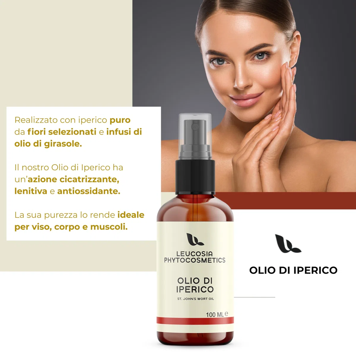 Leucosia Olio di Iperico Puro 100 ml, Oleolito Naturale Lenitivo e Rigenerante Olio Iperico per Cicatrici, Scottature, Pelle Secca, Massaggi Muscolari e Antirughe Viso