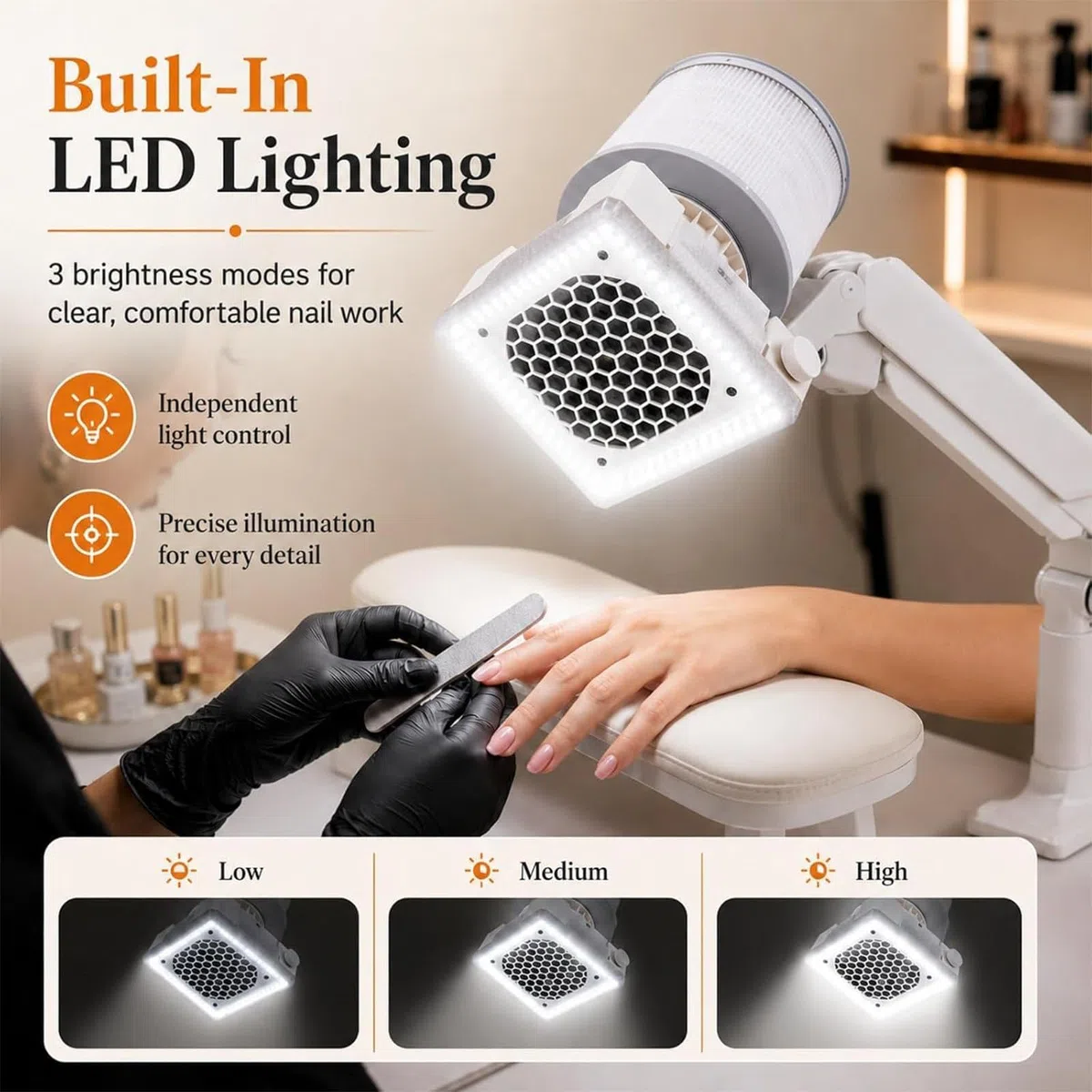 Aspiratore per Polvere Unghie Acriliche, Aspiratore Professionale con Luce LED Integrata, Potente Estrattore 60w, Morsetto Universale da Tavolo E Filtro Riutilizzabile