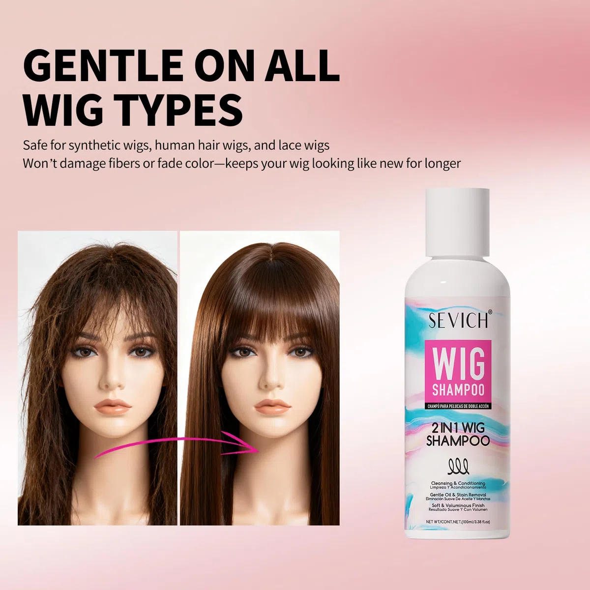 Gowwim Shampoo e balsamo 2 in 1 per parrucca, districante e controllo delle arricciature per parrucche sintetiche e vere, pulizia profonda, idratante e levigante, 100 ml