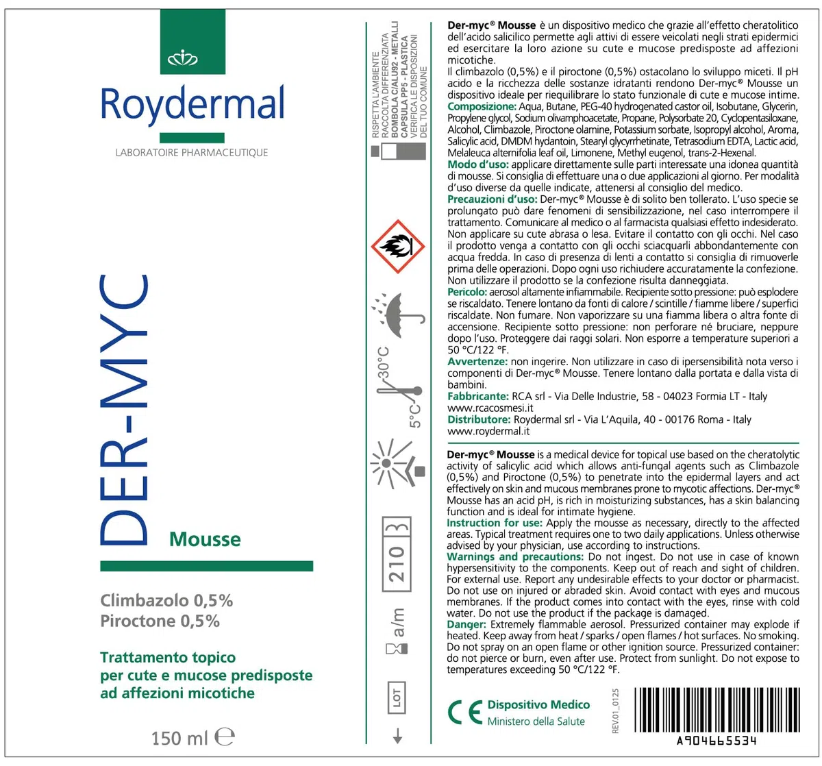 Der-Myc Mousse, Dermyc schiuma attiva a pH acido con pro­prietà antimicotiche, 150 ml