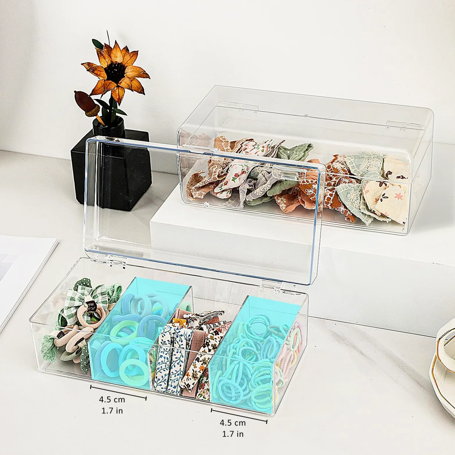 JessLab Porta Accessori Capelli per Ragazze, Scatola in Acrilico Trasparente con Divisori per Fermagli, Fiocchi Organizzatore Impilabile per Bagno Camera o Toeletta (4 Compartment)