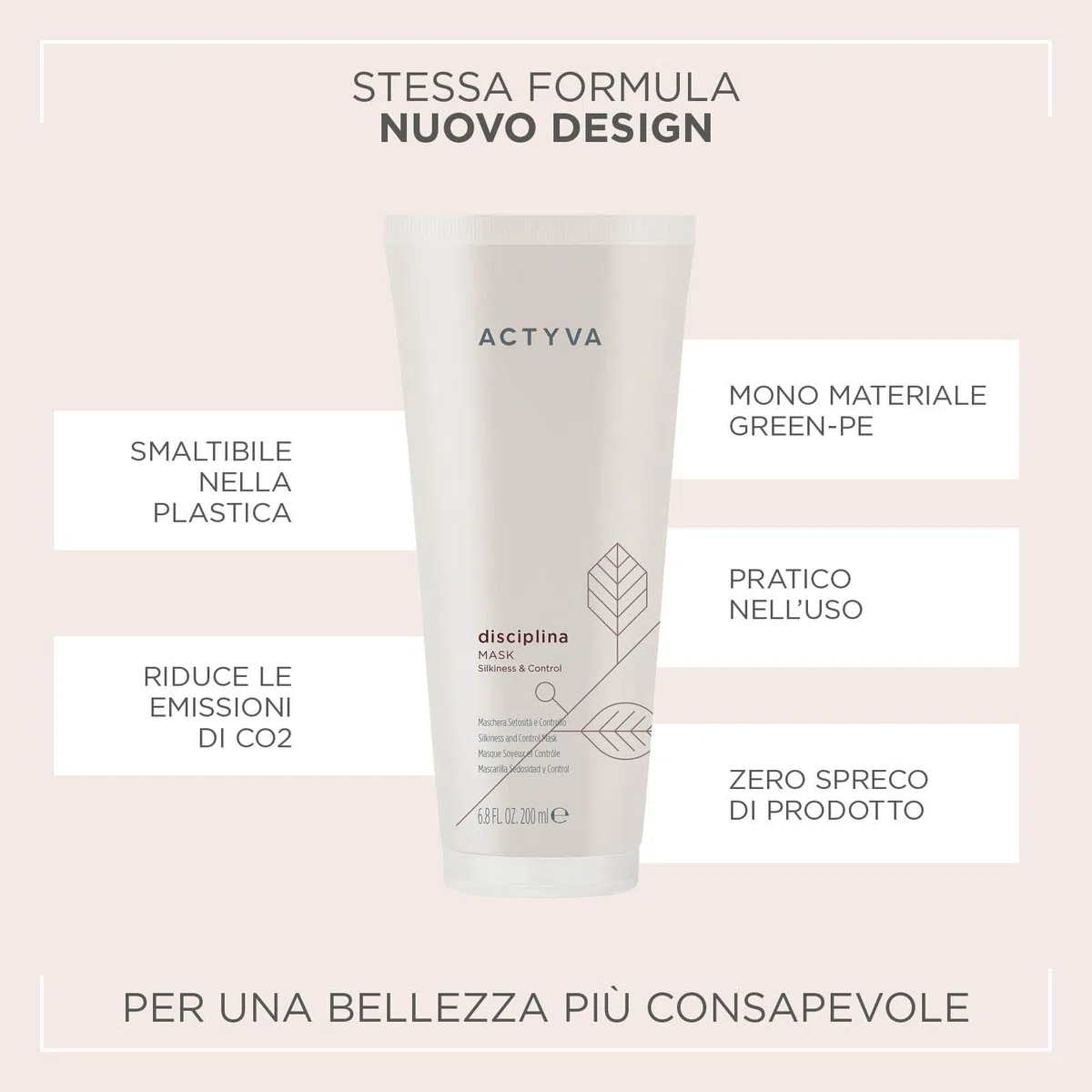 Actyva - Disciplina Mask, Maschera Nutriente e Disciplinante per Capelli Crespi, con Acido Ialuronico e Olio di Mandorle - 200 ml