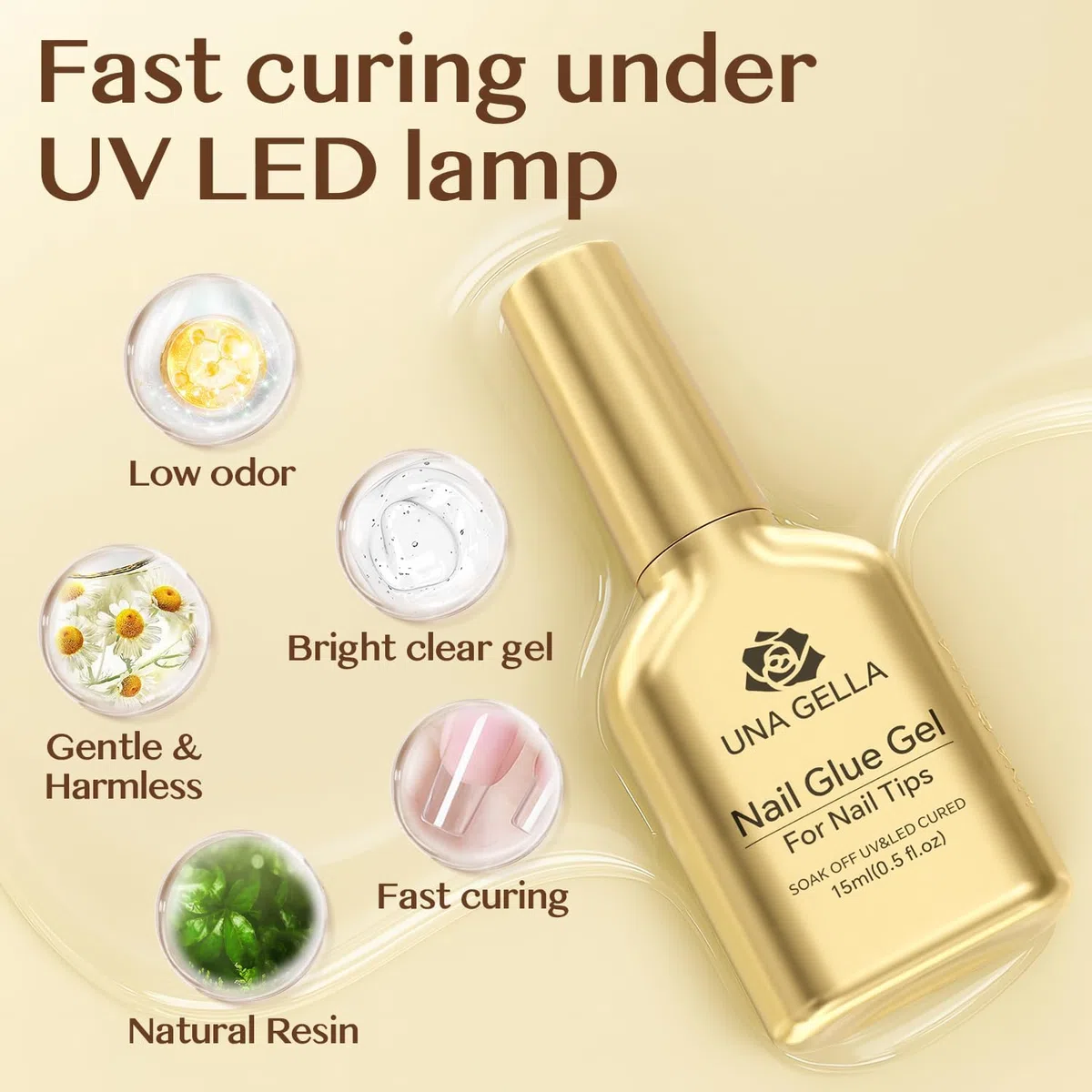 UNA GELLA Colla gel per unghie 6 in 1 per unghie acriliche trasparenti, colla UV da 15 ml, pennello super resistente per base coat, unghie finte trasparenti e punte in gel morbido per polimerizzazione