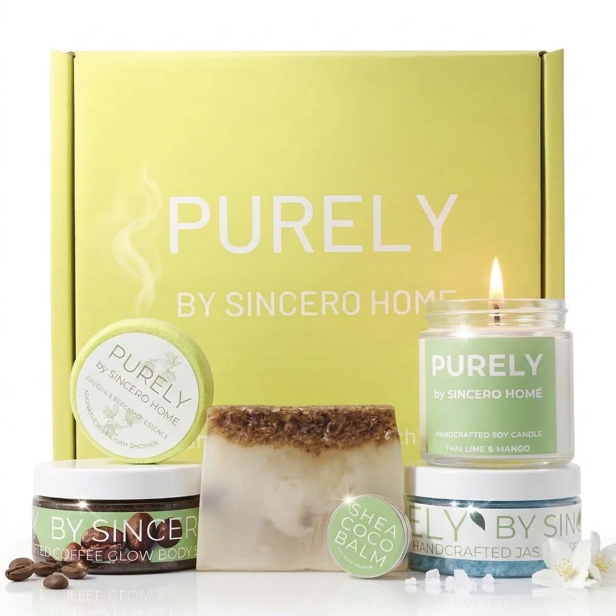 PURELY by SINCERO HOME – Cofanetto Regalo Spa Naturale di Lusso per Donna, Kit Benessere Vegano con Candela Soia, Sali da Bagno e Scrub Corpo – Regalo Premium per Compleanno e Natale