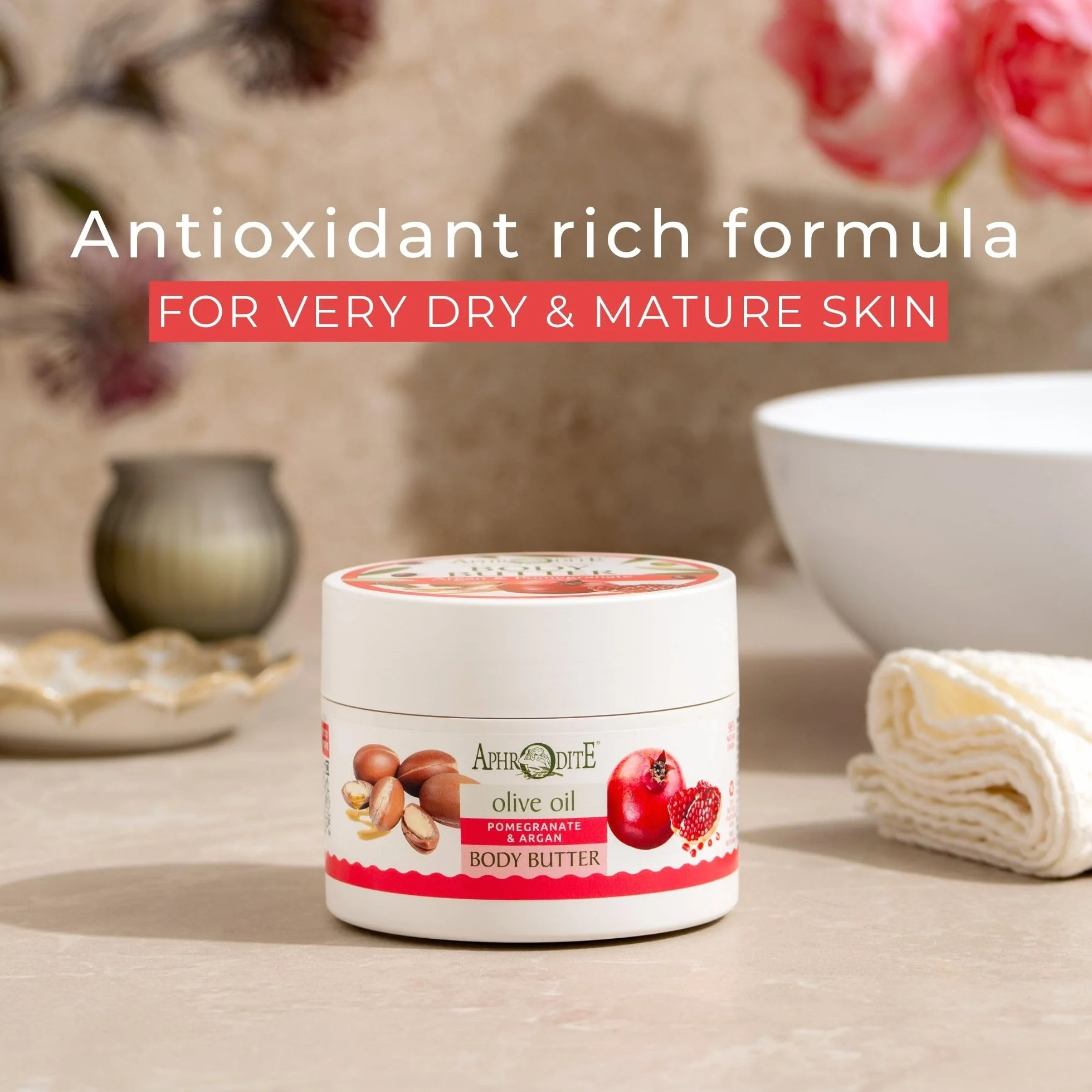 Aphrodite Regenerating Body Butter with Argan & Melegranate - Burro per il corpo antietà a base di olio d'oliva biologico per ripristinare l'umidità (200 ml / 6,76 oz)