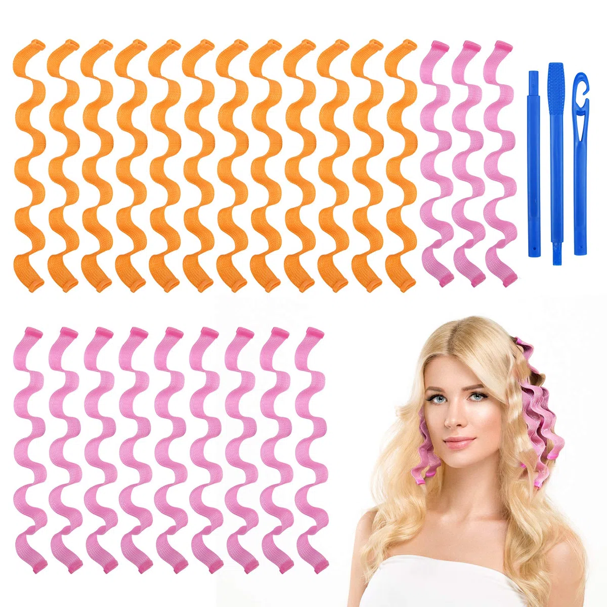 URAQT Bigodini per Styling Capelli, 24 Pz Styler a Mossi Magici senza Calore a 45 cm, Bigodini Morbidi Flessibili con 1 Set di Ganci per Capelli per Uso Domestico e Fai-da-te