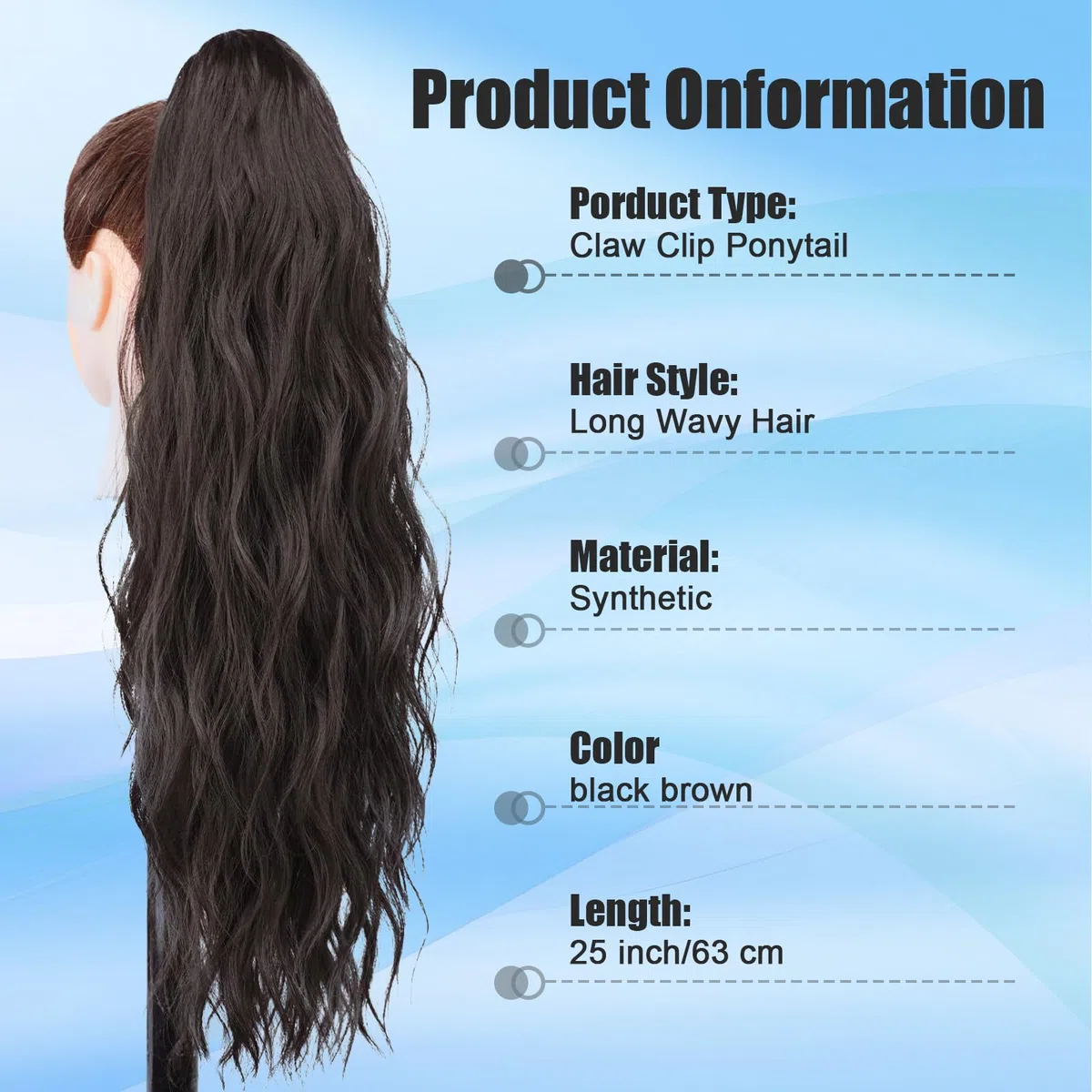 Extension Capelli con Pinza Coda di Cavallo - Capelli Sintetici Ondulati Naturali 63cm per Donne, Code Finta Posticcio Nero Marrone - Facile da Indossare per Serata Matrimonio Giorno