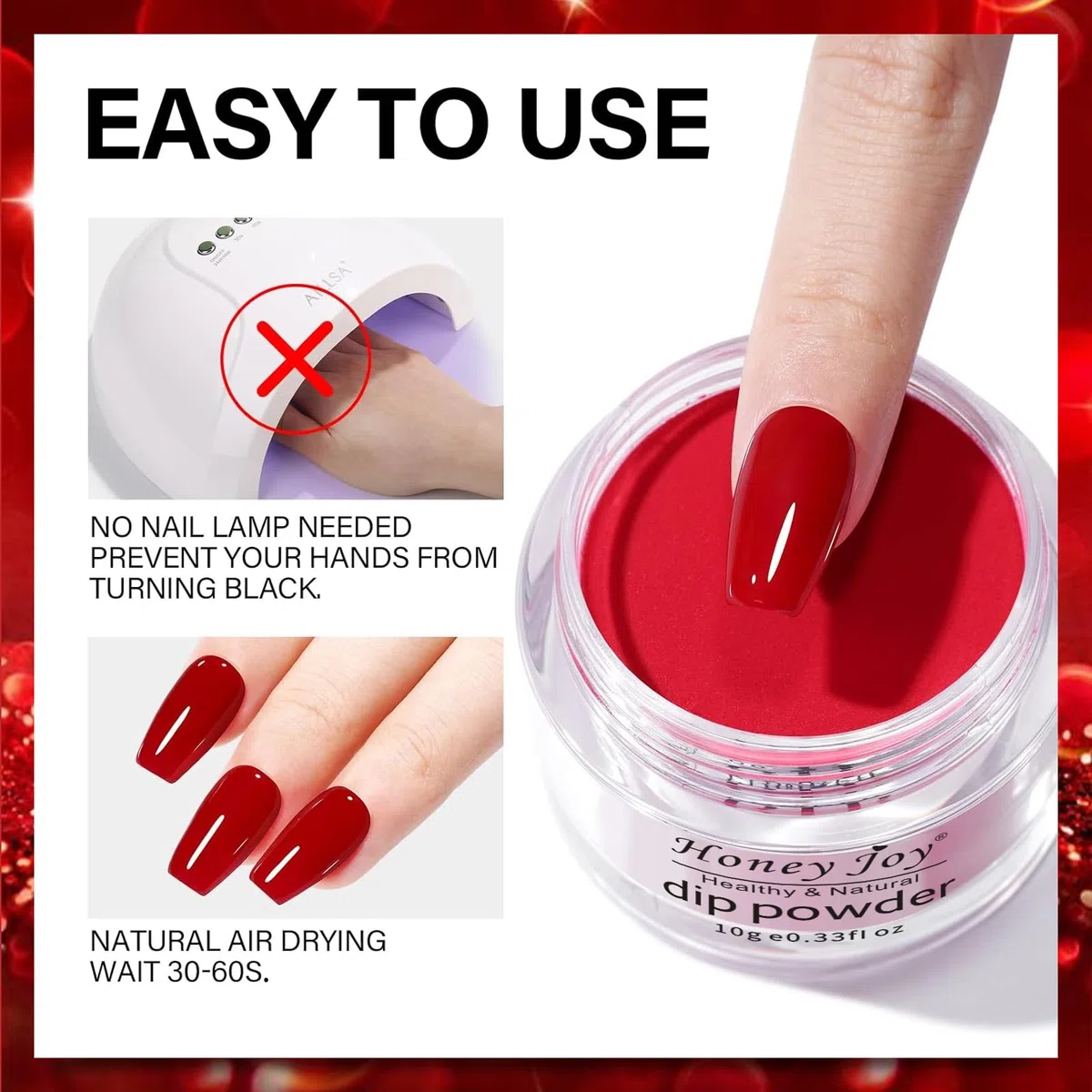 Honey Joy - Set di 6 polveri per immersione in polvere glitterate, collezione classica rossa, per nail art, manicure, saloni fai da te, regali per la casa, per donne, non necessita di lampada per