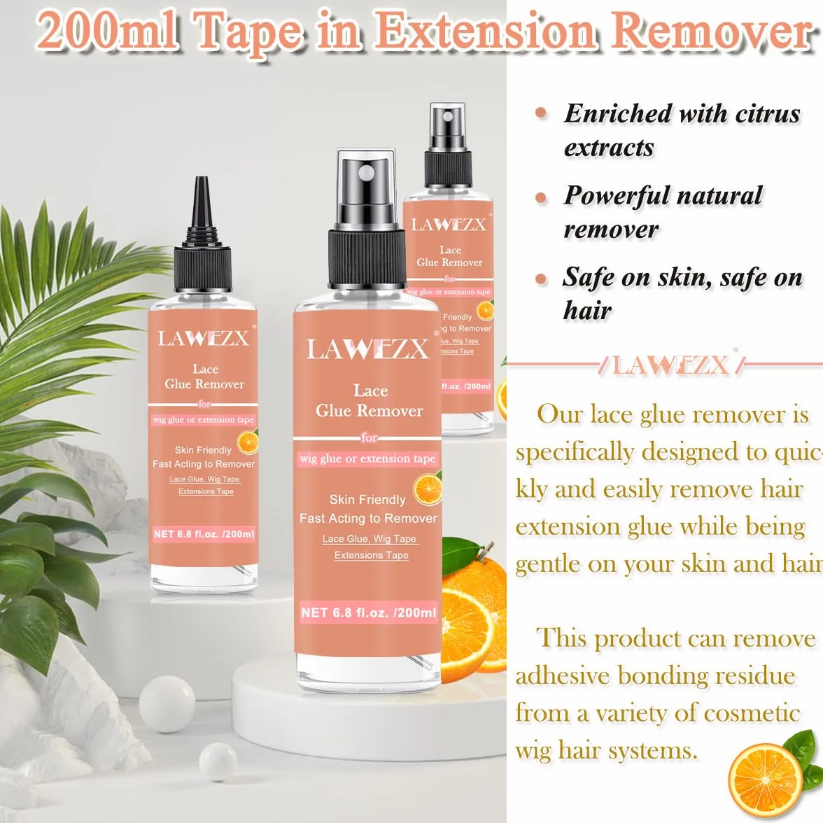 200ml Depolimeratore Rimuovi Extension Biadesive Spray, Solvente Stacca Extension per Nastro con Profumo di Agrumi, Wig Glue Remover per Parrucche in Pizzo, Nastro nelle Estensioni e Toupee