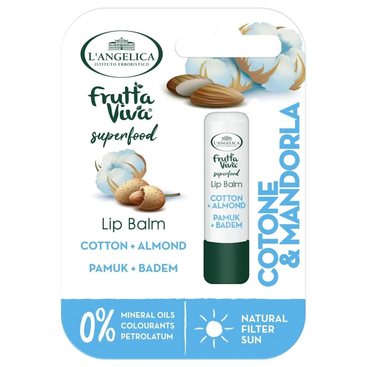 L'Angelica, Lip Balm Cotone & Mandorla, 12 Confezioni, Burrocacao con Ingredienti Sicuri e Naturali, Protegge da Freddo e Sole, Dermatologicamente Testato, Senza Oli Minerali, Coloranti e Petrolati