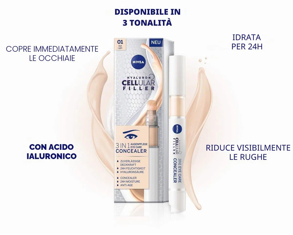 NIVEA Hyaluron Cellular Filler 3IN1 Correttore per il Contorno Occhi Chiaro (4 ml), Correttore Anti-Età con Acido Ialuronico, Penna correttiva per Occhiaie, Arrossamenti e Brufoli