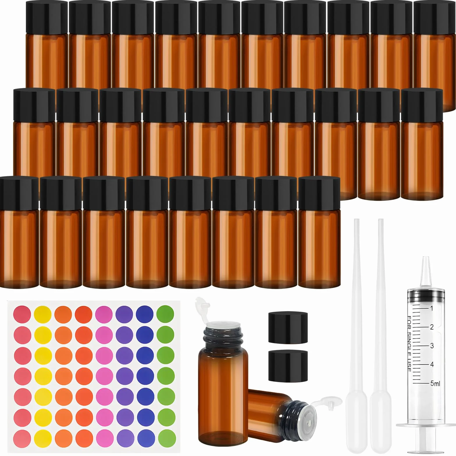 30 Pezzi 10ml Amber Bottiglie per Oli Essenziali, Mini Bottiglie in Vetro Marrone con Coperchio Interno, Flaconi di Olio Essenziale Vuoti e Riutilizzabili con Siringhe 5 Ml per Aromaterapia