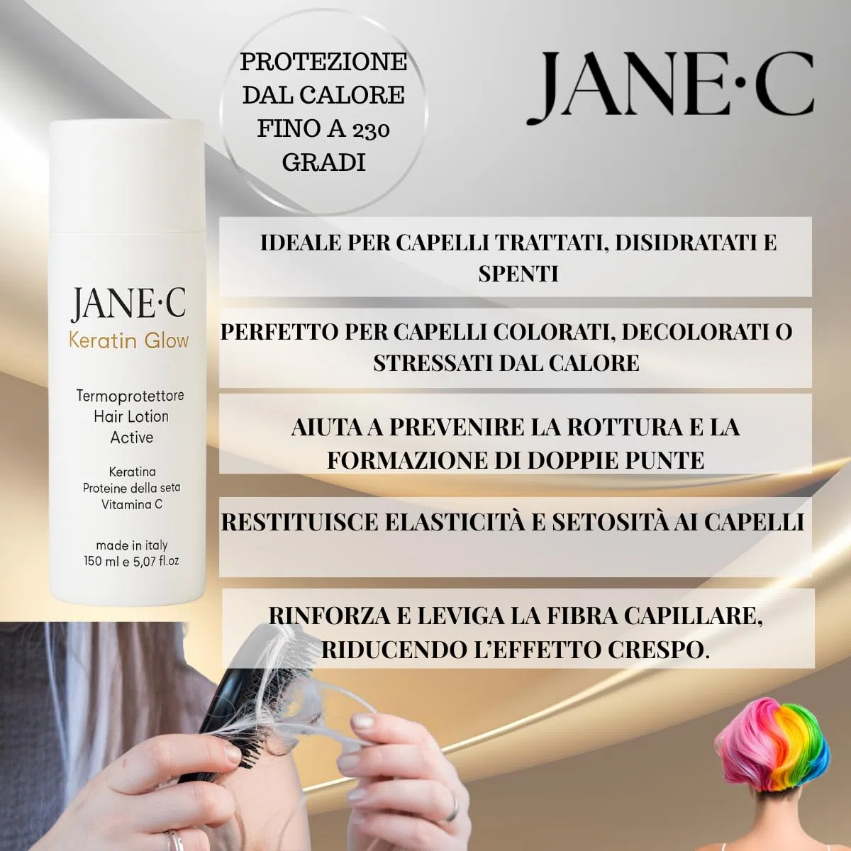 JANE•C Termoprotettore in crema | Ristrutturante Anti-crespo alla Cheratina e Vitamina C |Protegge da Piastra,Phon. Per Capelli Secchi, Danneggiati o Trattati–Senza risciacquo-150ml Made in Italy