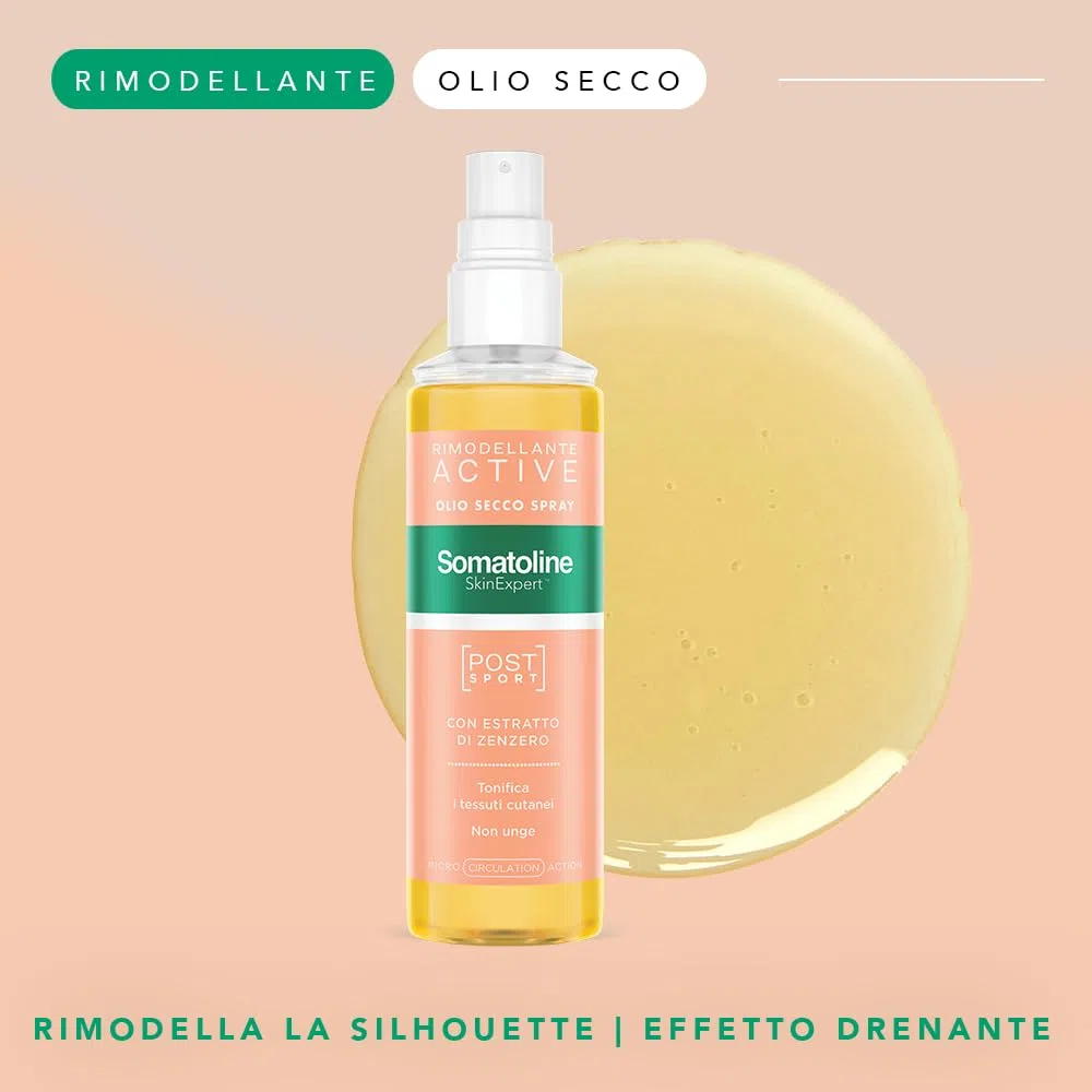 Somatoline SkinExpert, Rimodellante Active Olio Secco Spray Post-Sport, Trattamento Gambe Rimodellante, con Estratto di Zenzero, 125ml