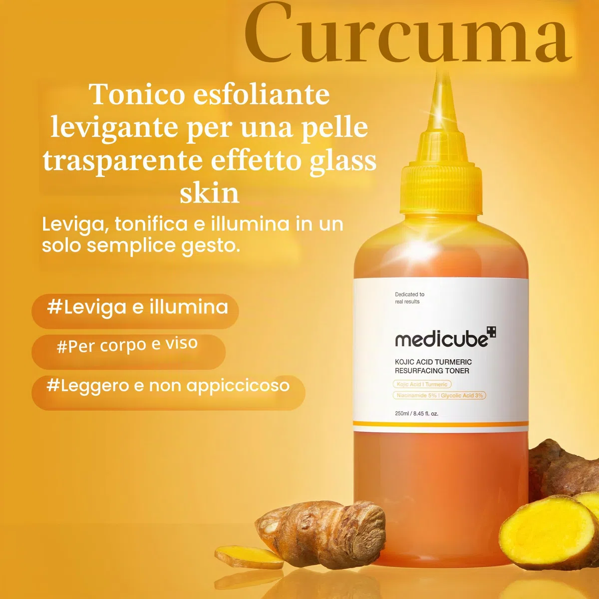 medicube Tonico Levigante Kojic Acid & Curcuma per Viso e Corpo | Tonico leggero per bilanciare tono e texture | Niacinamide, Acido Glicolico | 250ml