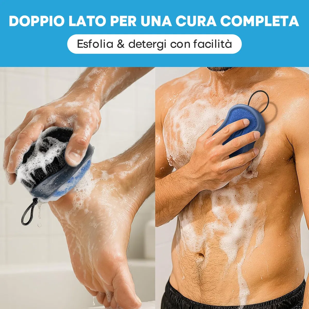 Spazzola da Doccia per il Corpo 2-in-1: Confezione da 2 Spugne Esfolianti ad Alta Schiuma per Uomo, Scrubber da Doccia Ergonomico, Spazzola da Bagno Esfoliante Profonda da Viaggio