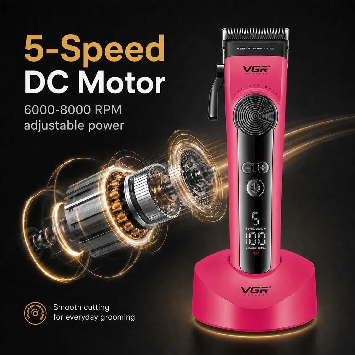 VGR 199 Tagliacapelli professionale senza fili per uomo, 5 velocità, display a LED, ricaricabile con base di ricarica e 6 pettini guida – Kit da barbiere per la casa, rosa