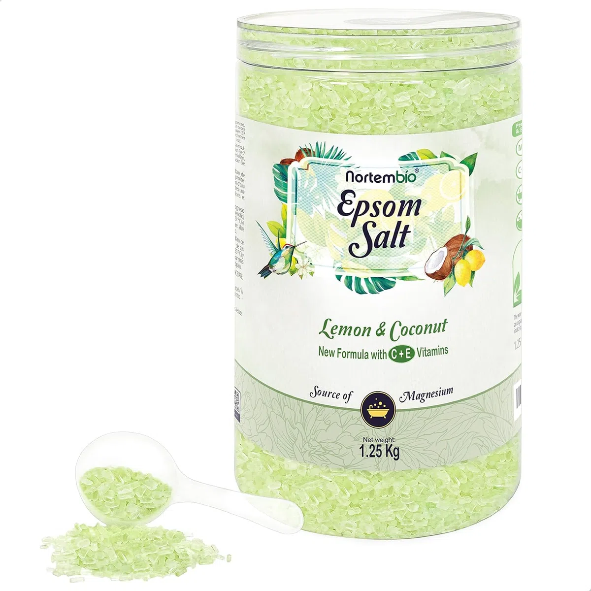 Nortembio Sali di Epsom 100% Fragranza Limone e Cocco 1,25 kg – Fonte Naturale di Magnesio | Con Vitamina C ed E Idratante | Per Bagni Rilassanti, Spa e Cura della Pelle + E-Book Gratuito