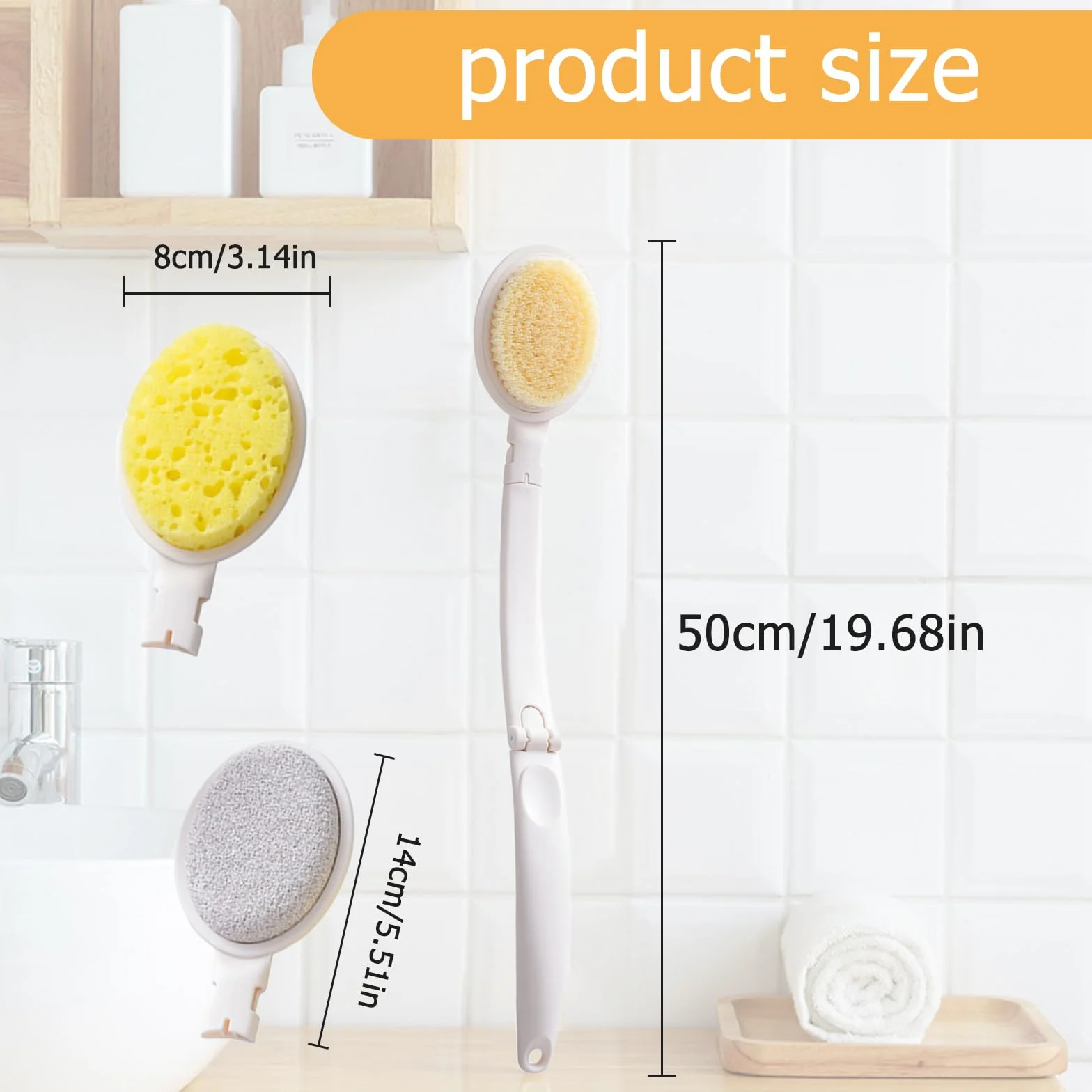 3 in 1 Spazzola per la schiena Doccia, con manico lungo pieghevole, applicatore per lozione da doccia, con testine intercambiabili (spugna, nylon, pietra pomice)