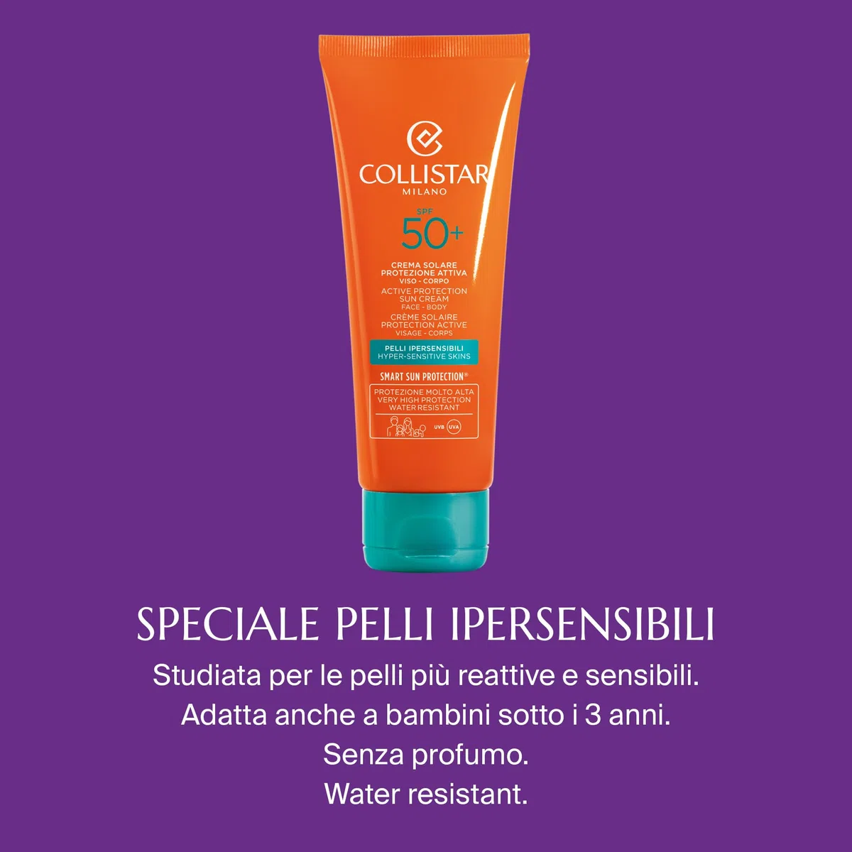 Collistar Crema Solare Protezione Attiva SPF 50+ , Prevenzione da Rughe e Macchie, per Pelli Sensibili, Adatto anche a bambini, Senza Siliconi, Oli Minerali e Nickel, 100 ml