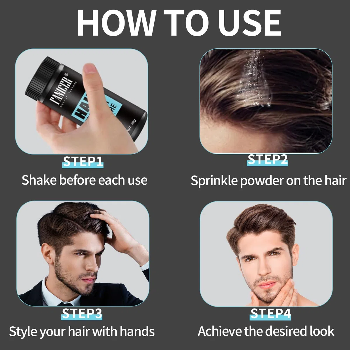 30g Polvere Styling Capelli, Polvere per Lo Styling dei Capelli per Uomo, Texturizing Powder, Aggiunge Volume ai Capelli, Facile da Applicare, Per Tutti i Tipi di Capelli, Height Riser, Nero