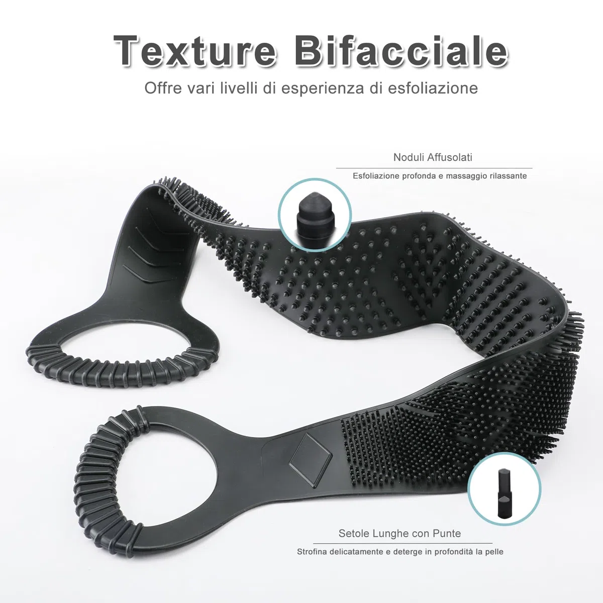 FREATECH Spazzola Schiena in Silicone a 2 Lati per Pulizia Profonda e Massaggio, 90 cm Spazzola Corpo Doccia e Bagno, Copre Facilmente Tutta la Schiena, Lgienico e Lunga Durata, Nero