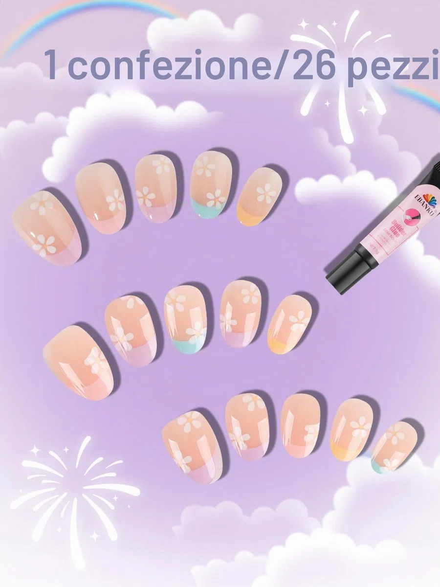 EBANKU 26 pezzi unghie finte ragazze premere corte carino copertura acrilico chiodo suggerimento kit decorazione