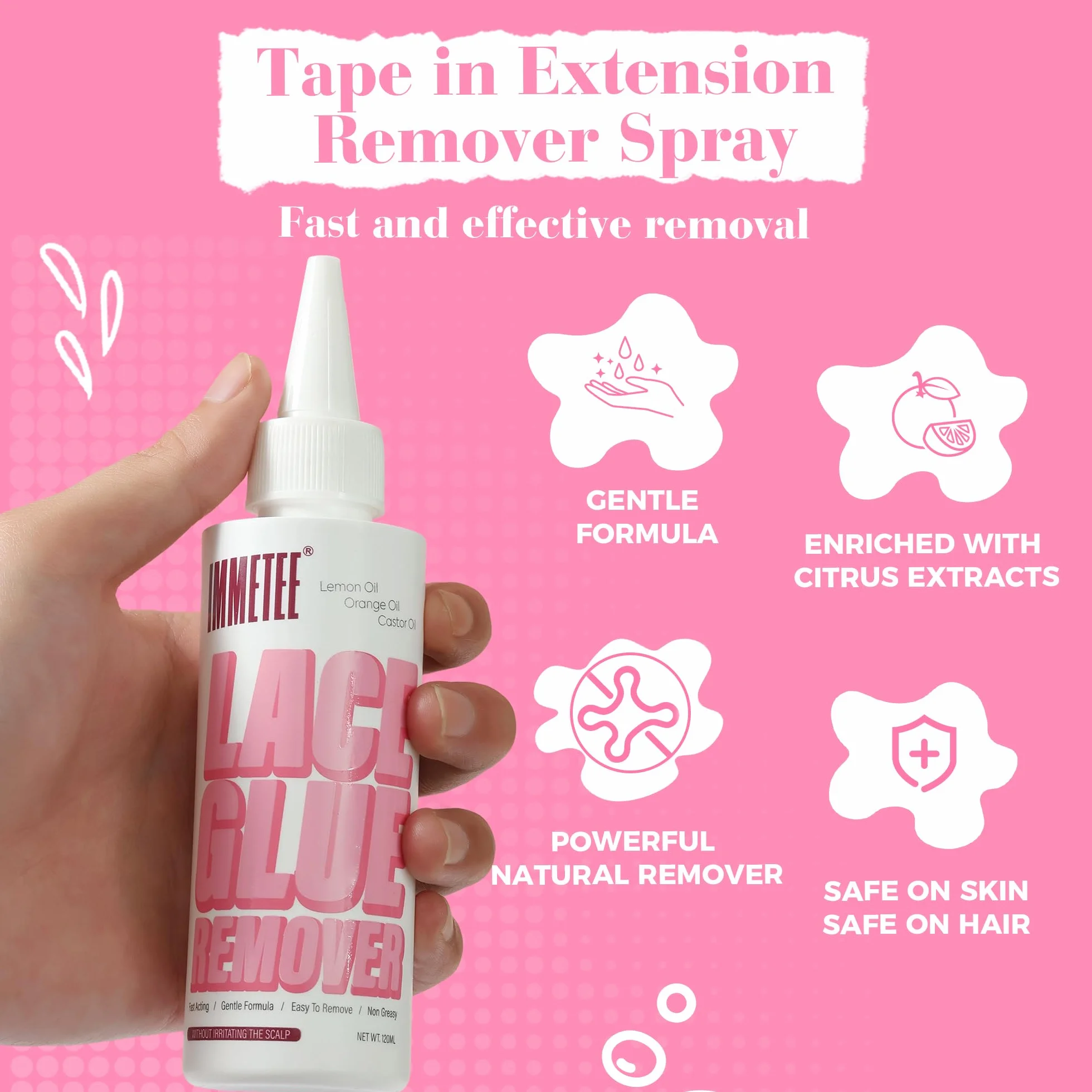 immetee rimuovi colla per parrucche, spray per la rimozione delle estensioni, rimozione rapida della colla per parrucche, tape in remover 4OZ/120ml