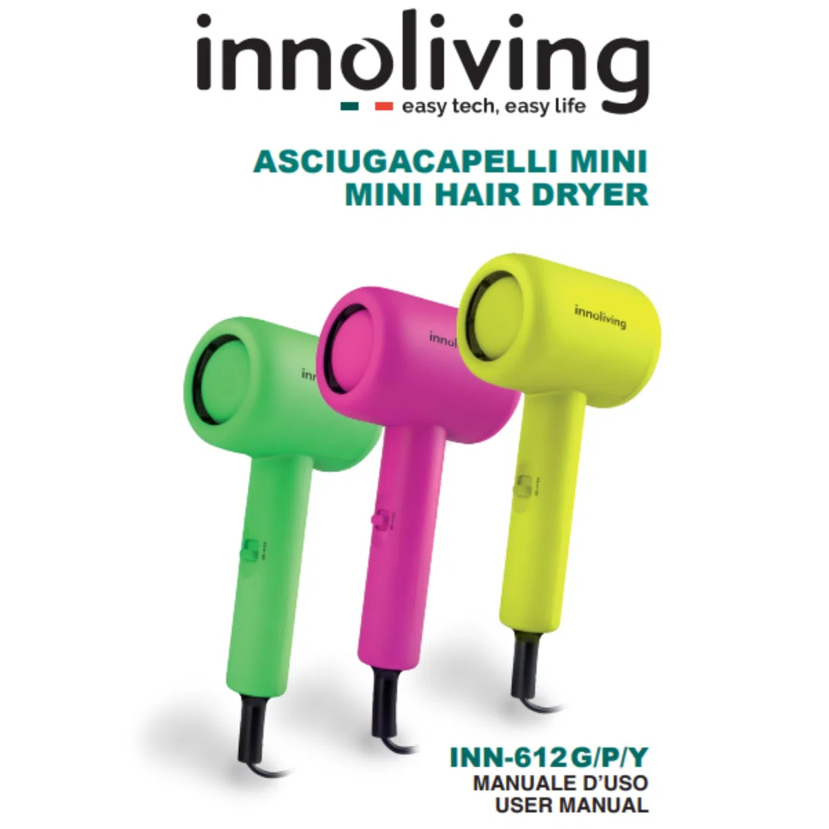 Innoliving Asciugacapelli Mini INN-612, Compatto e Pieghevole, 1200W, Doppia Velocità, Design Portatile per Viaggi e Palestra, Disponibile in Vari Colori, Facile da Usare e Trasportare (Fucsia)