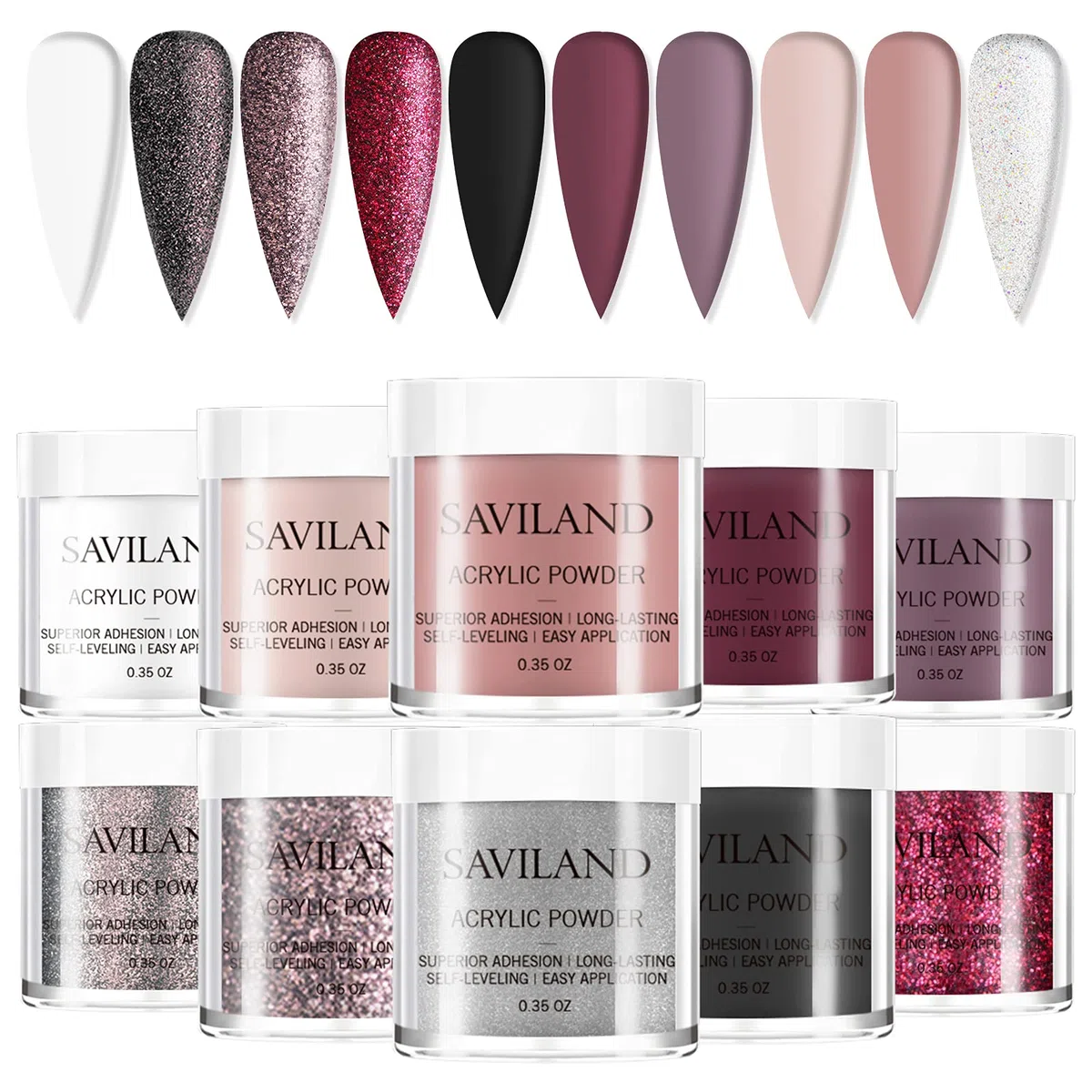 Saviland Acrilico Polvere Per Unghie j10 Colori Acrilico Nail Set Professionale Acrilico Polvere Nails Glitter Polymer Acrilico Polvere Nails Kit per Acrilico Nail Acrilico Nails