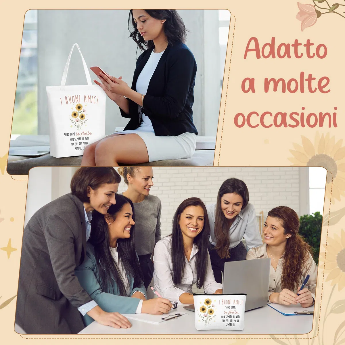 Xuniea 3 Pezzi Set di Regali per Amica Natale 1 Portachiavi di Scritta Buoni Amici 1 Borsa Cosmetica per Amiche 1 Borsa di Tela Tote Bag Pochette Portatrucchi Regalo di Ringraziamento Donna Compleanno