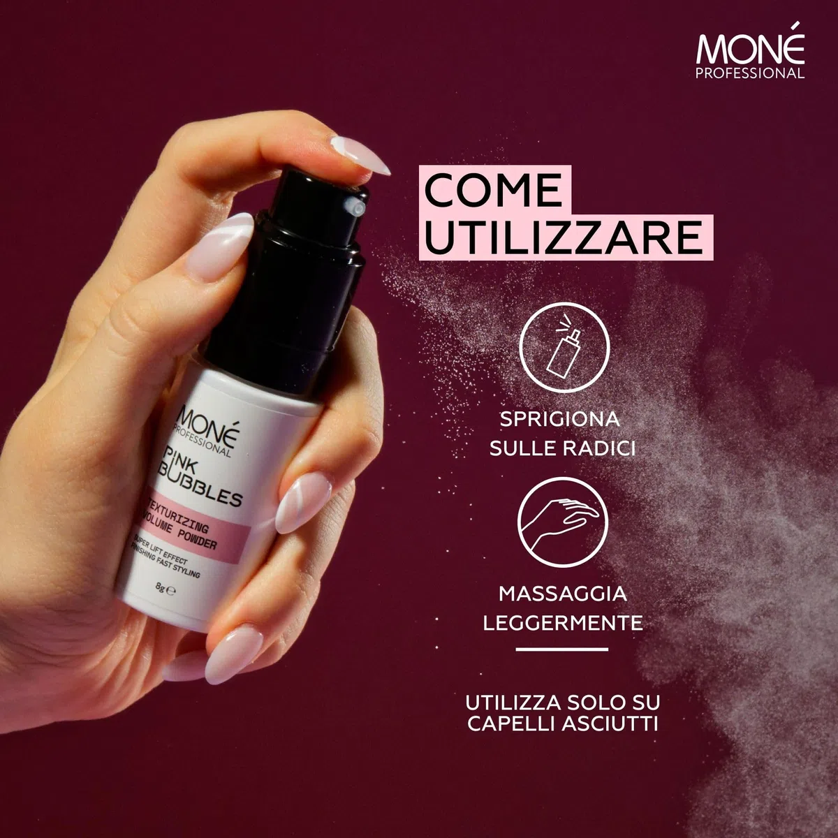 MONÉ PROFESSIONAL - Polvere Volumizzante Capelli Donna - Spray texturizzante a lunga durata - Effetto istantaneo - Con una leggera Fragranza di Vaniglia - 8 g