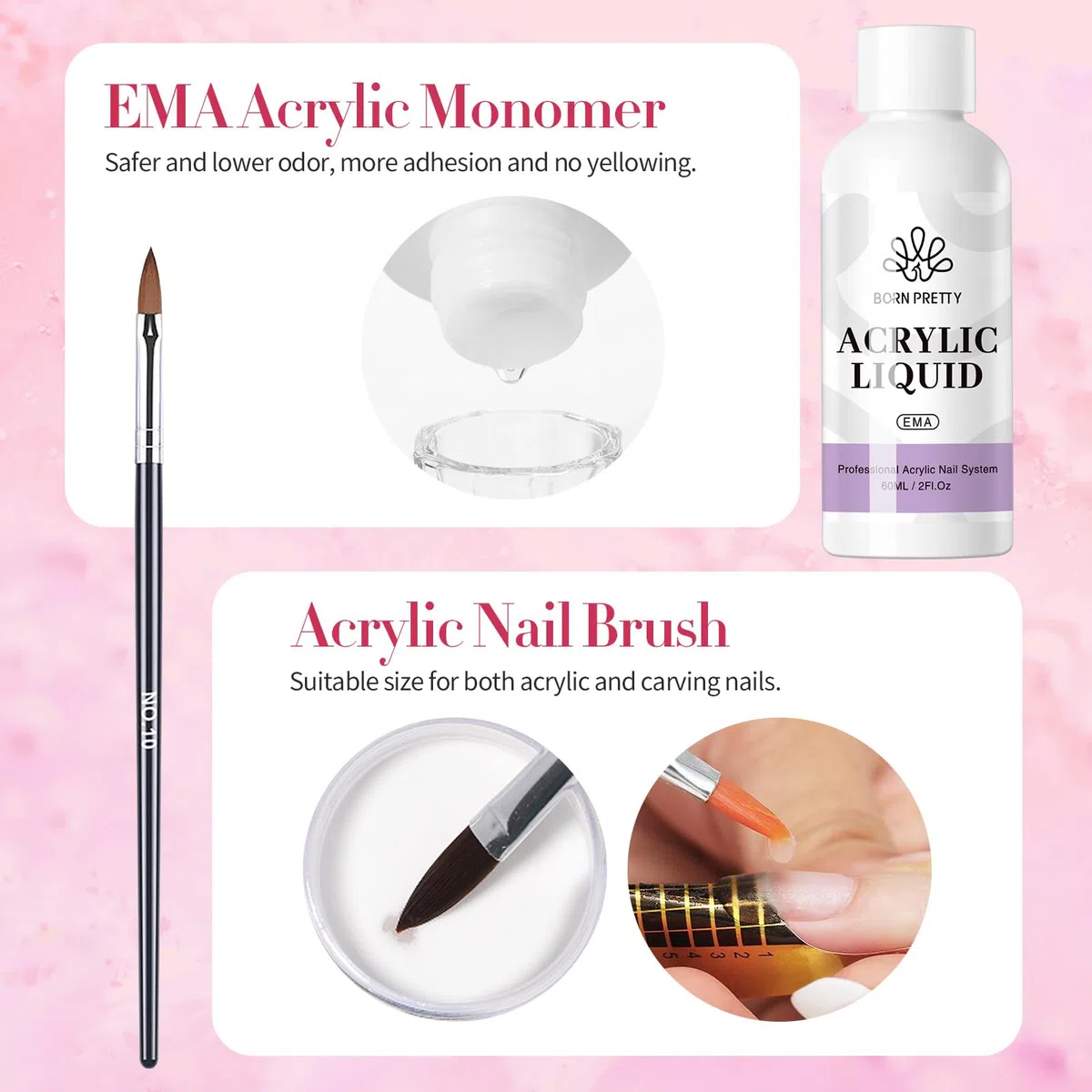 BORN PRETTY Set di Polveri Acriliche per Unghie, 30ml di Polvere Acrilica per Unghie Colore Bianco Rosa Chiaro e Liquido 60 ml di Acrilico liquido, Kit con 5 Pezzi Pennello Acrilico