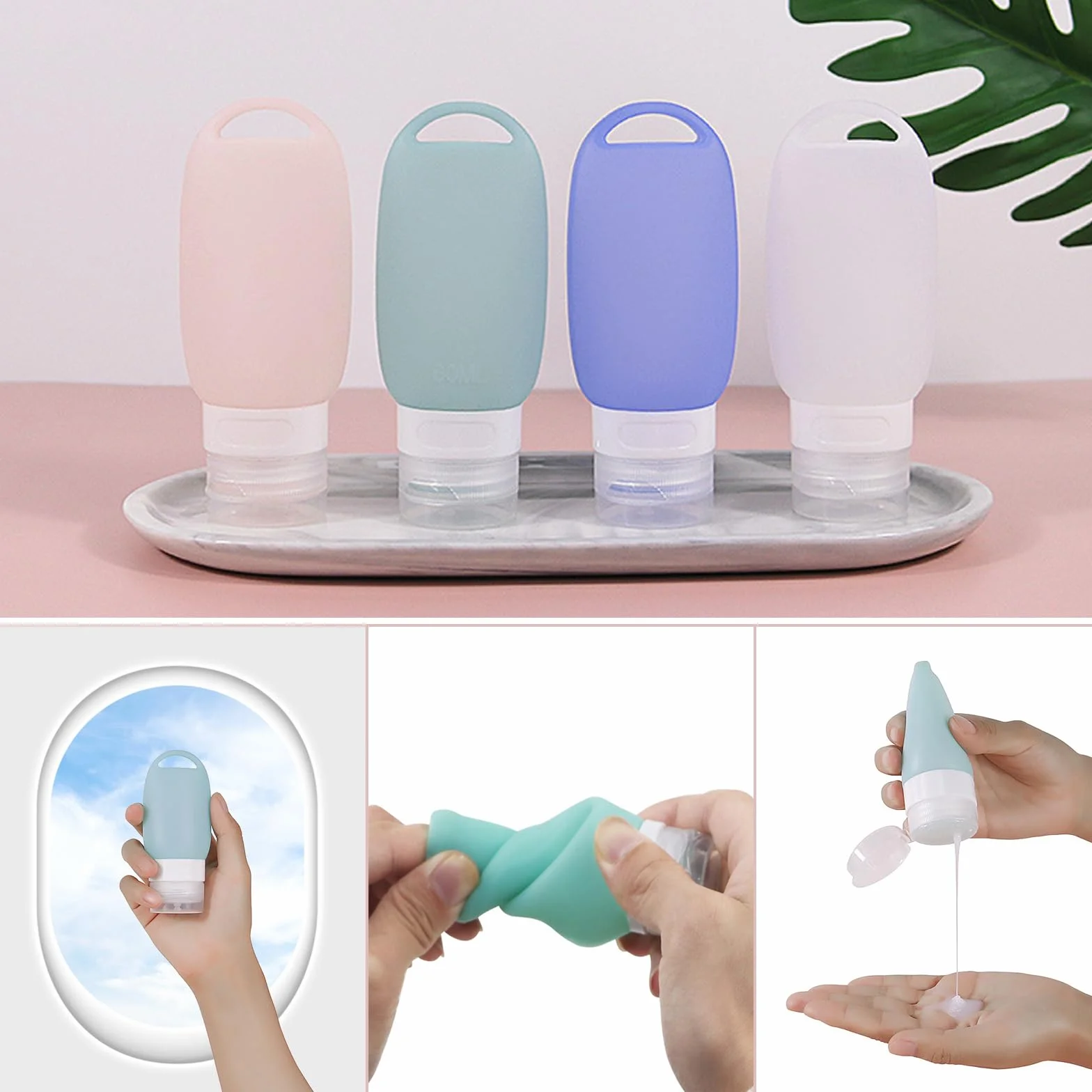4 Pezzi Bottiglie da Viaggio in Silicone, 60 ml Contenitori Ricaricabili Kit Contenitori da Viaggio Flaconi Morbidi con Moschettone per Shampoo, Balsamo e Lozione