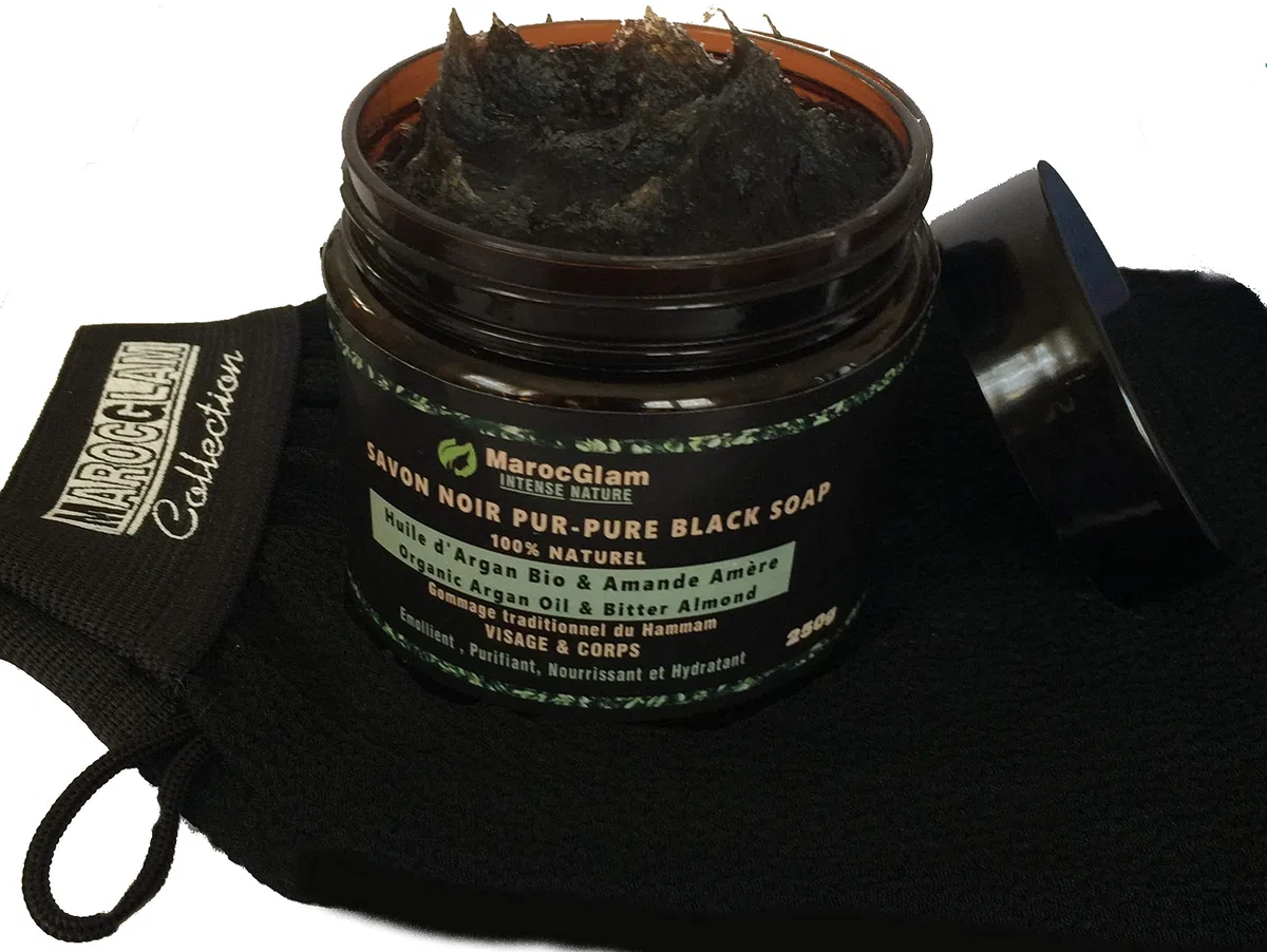 Sapone nero marocchino 250 g, con olio di argan biologico ed estratti di mandorle amare, 100% naturale, esfoliazione tradizionale antirughe con sapone nero naturale per pelli sublimi, MAROC GLAM