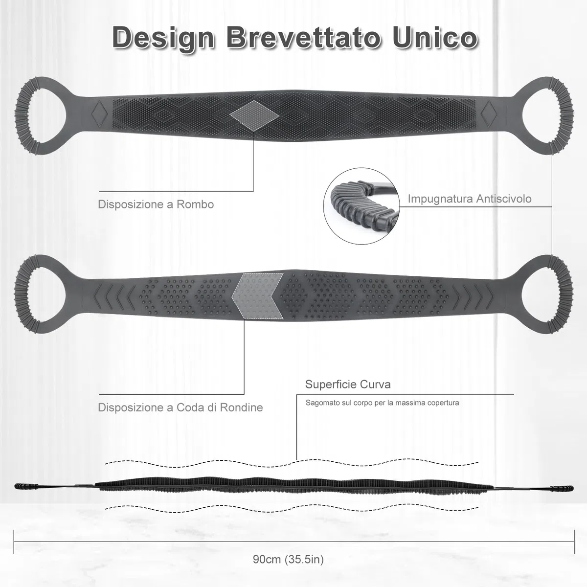FREATECH Spazzola Schiena in Silicone a 2 Lati per Pulizia Profonda e Massaggio, 90 cm Spazzola Corpo Doccia e Bagno, Copre Facilmente Tutta la Schiena, Lgienico e Lunga Durata, Nero