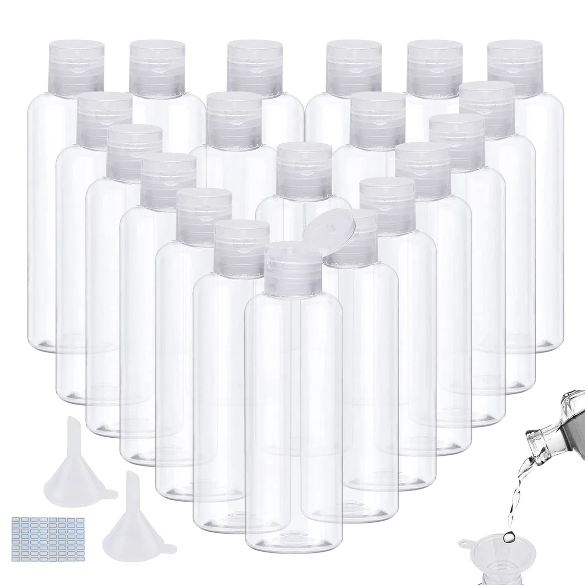 Set di 20 bottiglie da viaggio da 100 ml di plastica vuote da riempire per shampoo, balsamo, lozione, articoli da toeletta, con imbuto ed etichette